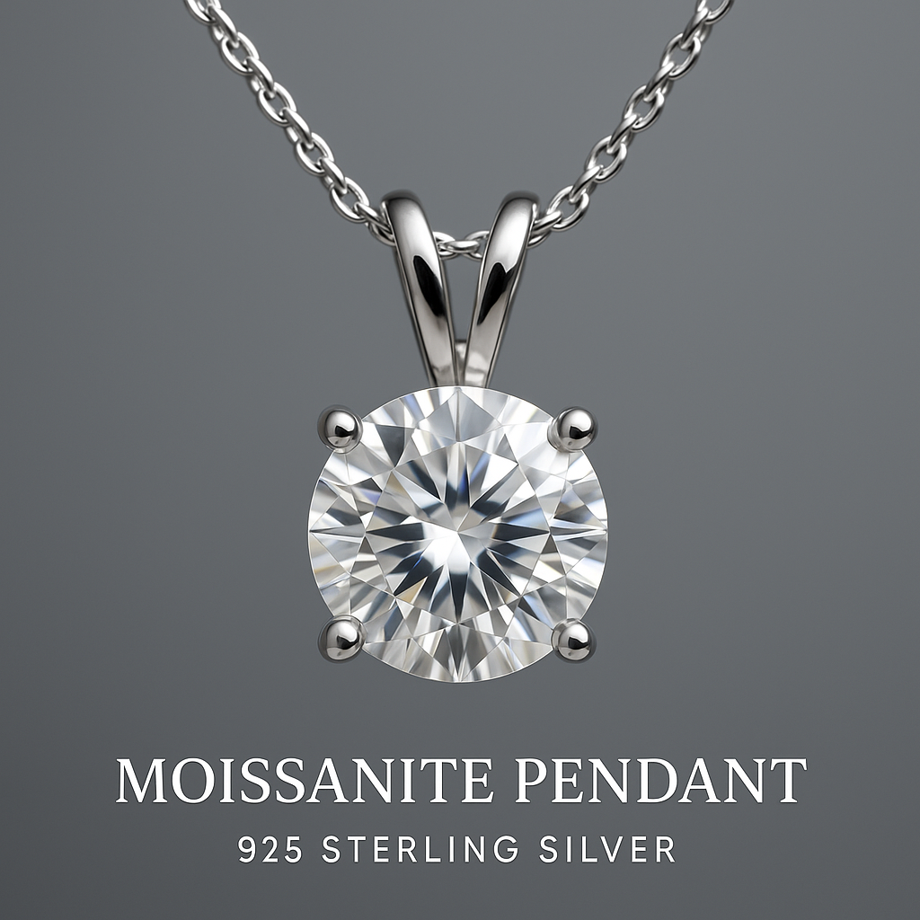 Close-up of a round moissanite pendant in 925 sterling silver on a silver chain, showcasing brilliance and clarity.