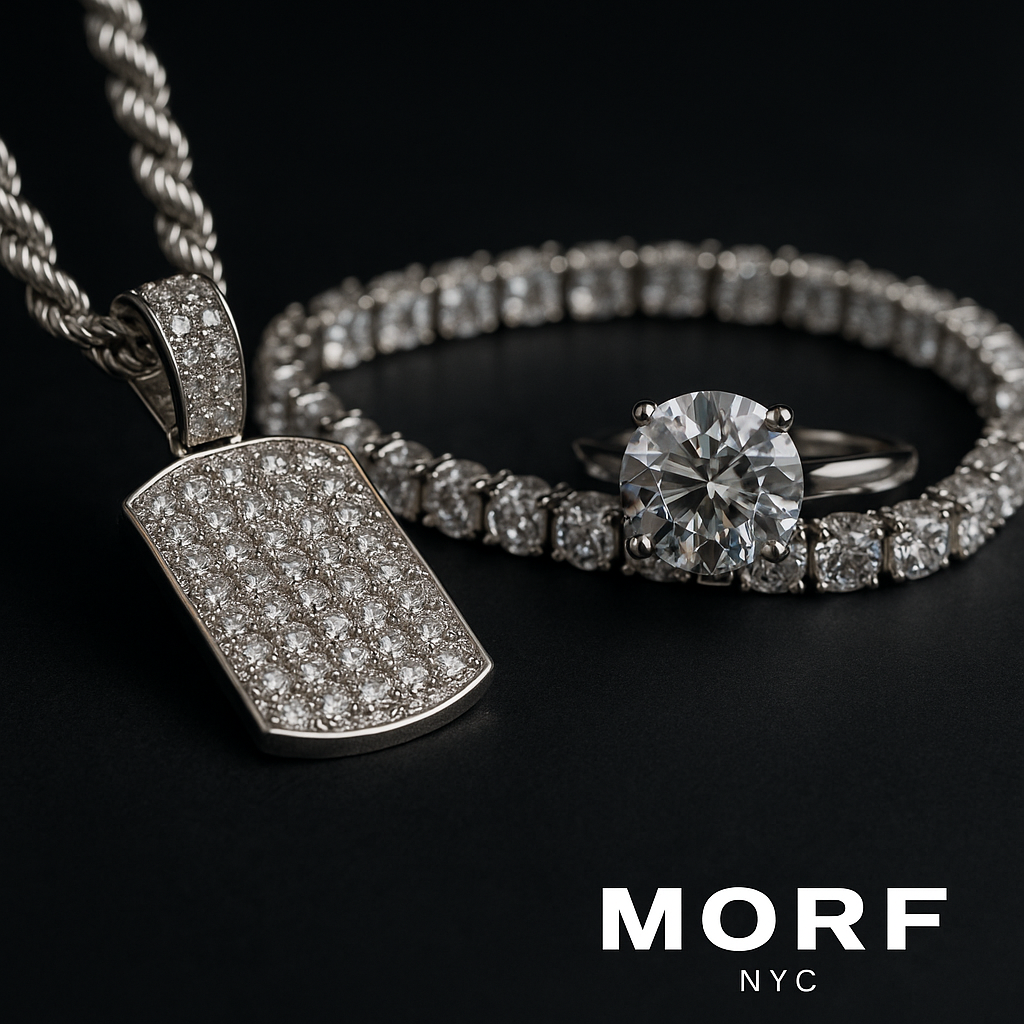 Close-up of moissanite gemstone pendant and ring set in 925 sterling silver jewelry against black background