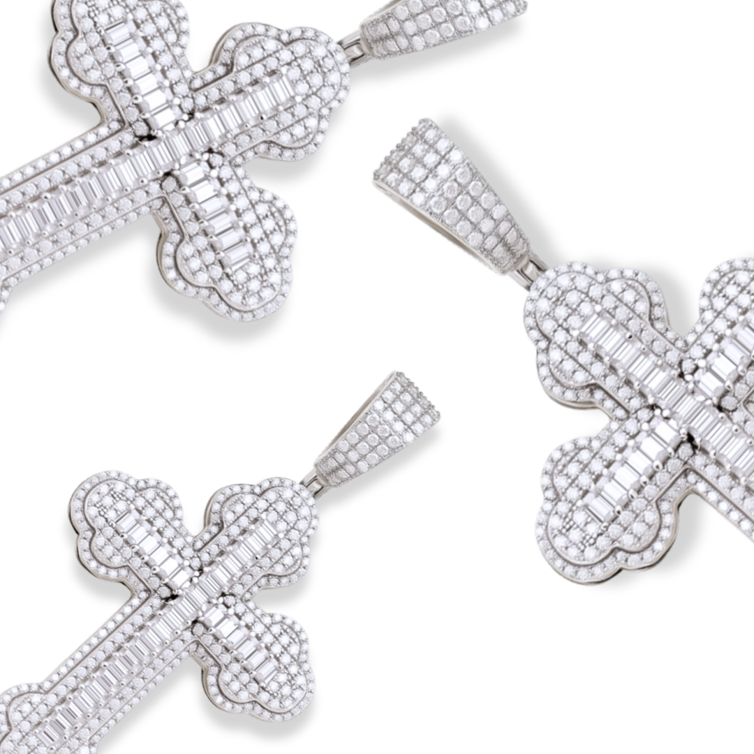 Moissanite Cross Pendant in Orthodox Design with Baguette and Round VVS1 Stones, 925 Sterling Silver