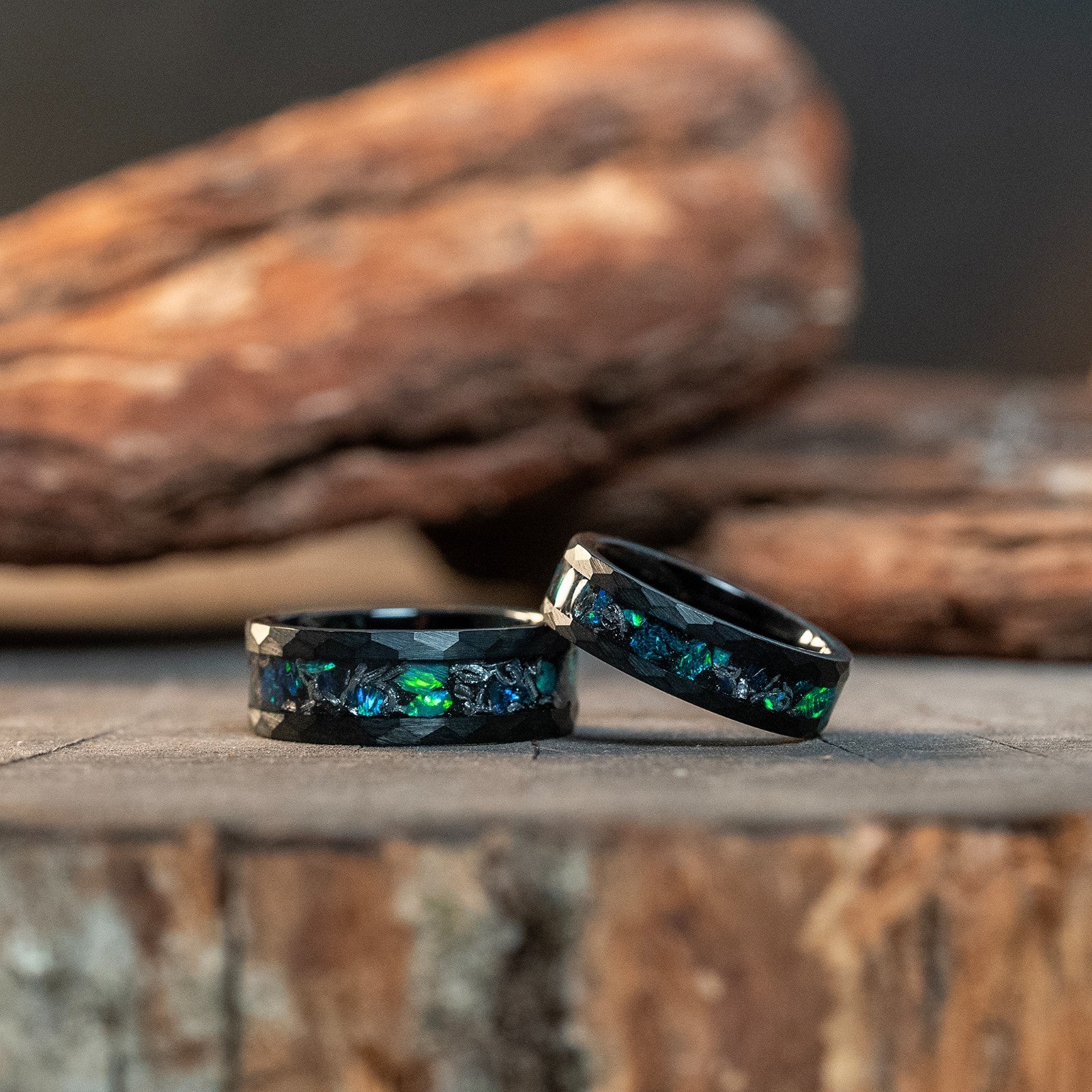 Couple Rings Matching Black Meteorite Opal Tungsten Carbide Engagement Bands 6/8