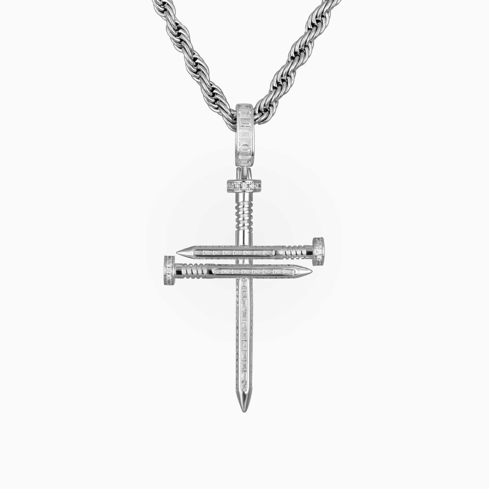 925 sterling silver nail cross pendant with cubic zirconia stones and rhodium plating