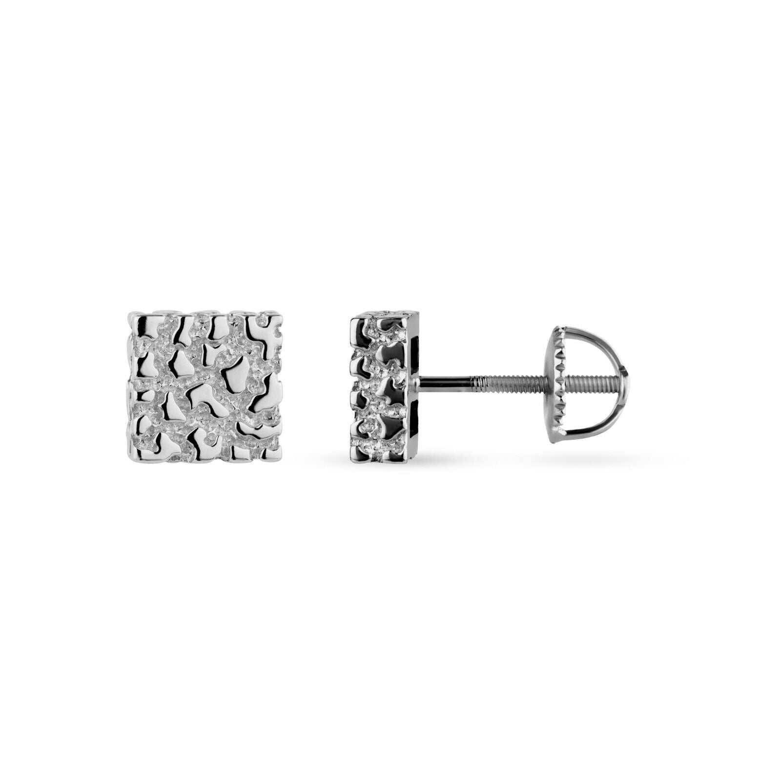 Solid 925 sterling silver nugget stud earrings with rhodium plating and screw back closure, 8mm size