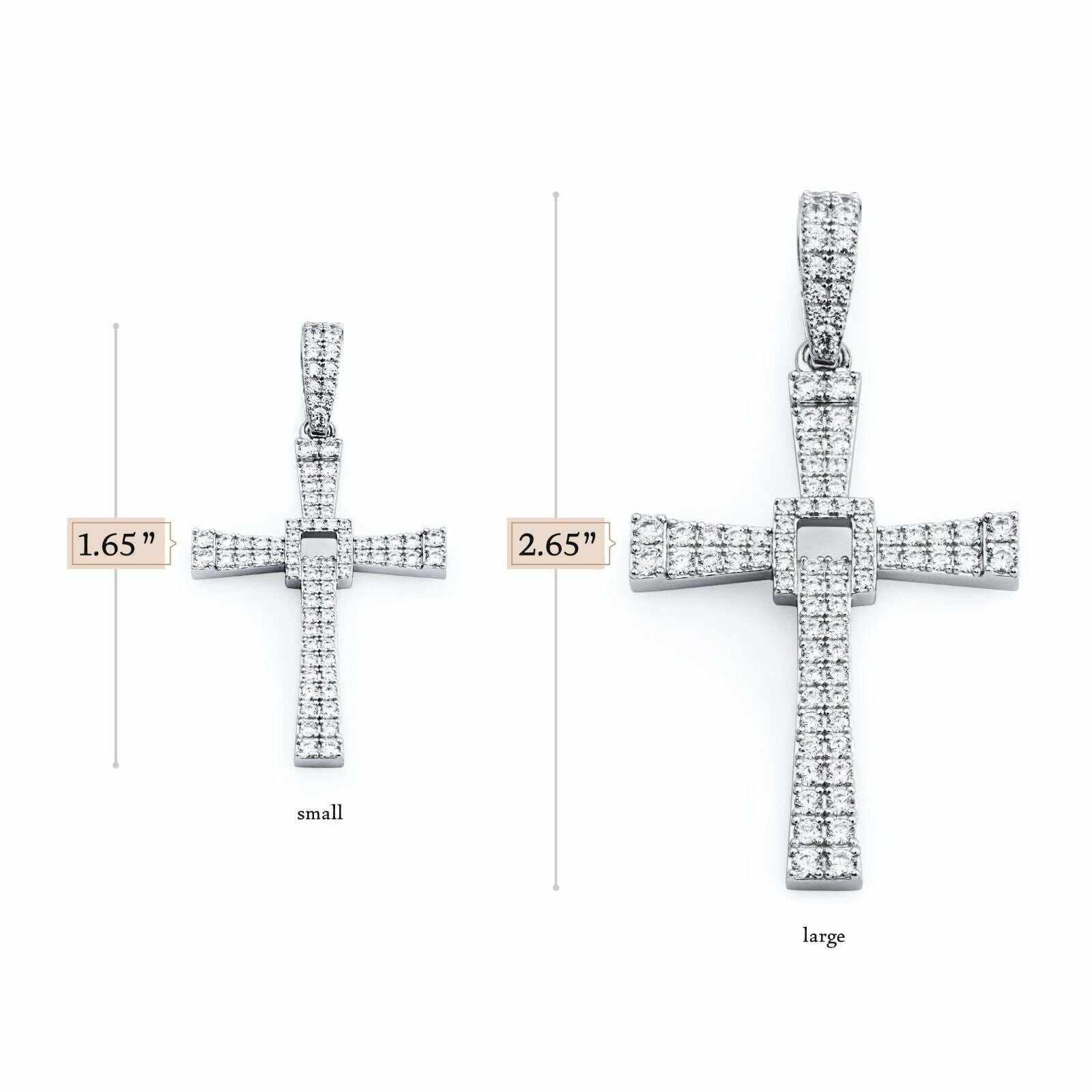 Real Solid 925 Sterling Silver Cross Jesus Crucifix Pendant with CZ Stones, available in two sizes, showcasing intricate design and rhodium plating.