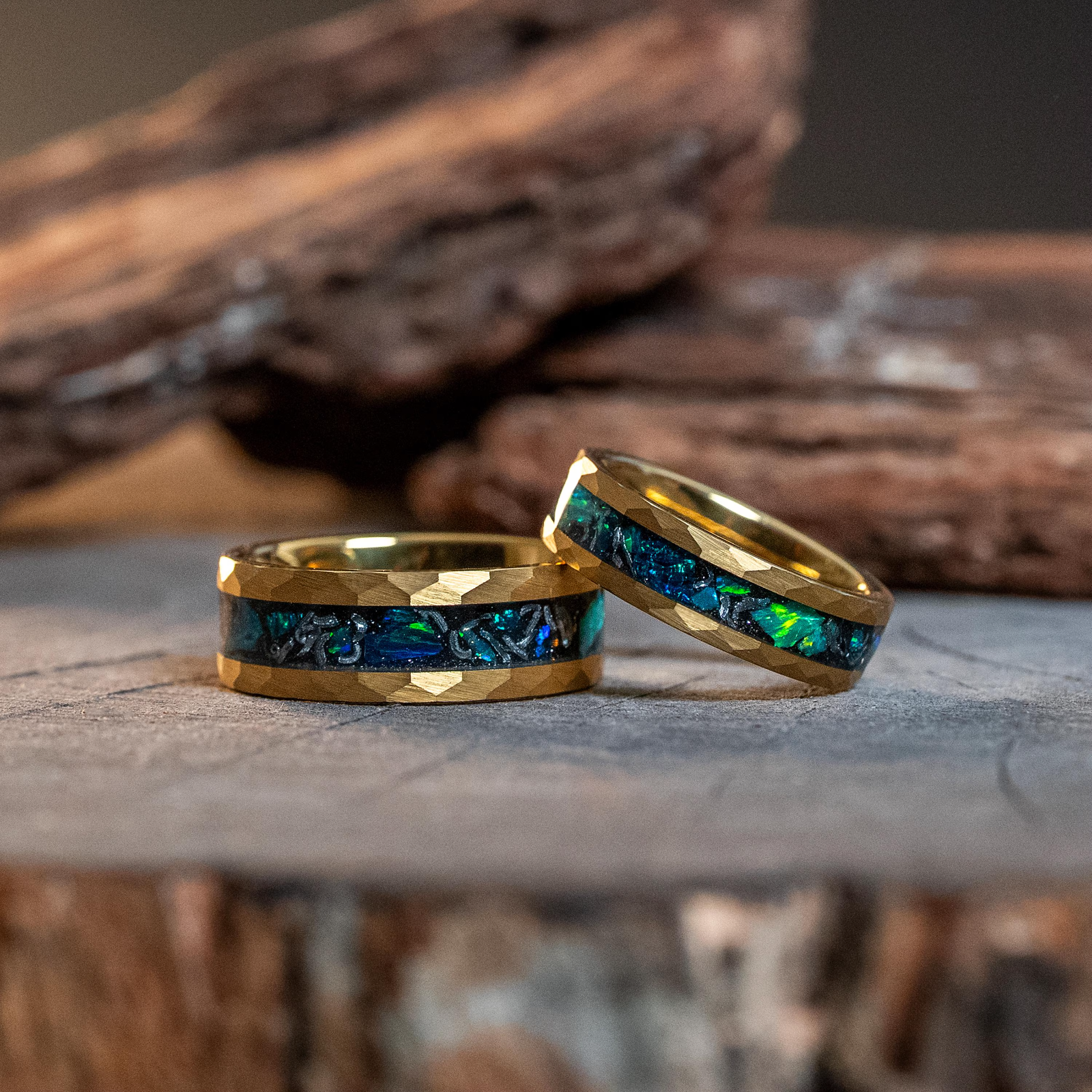 Couple Rings Matching Gold Meteorite Opal Tungsten Carbide Engagement Bands 6/8