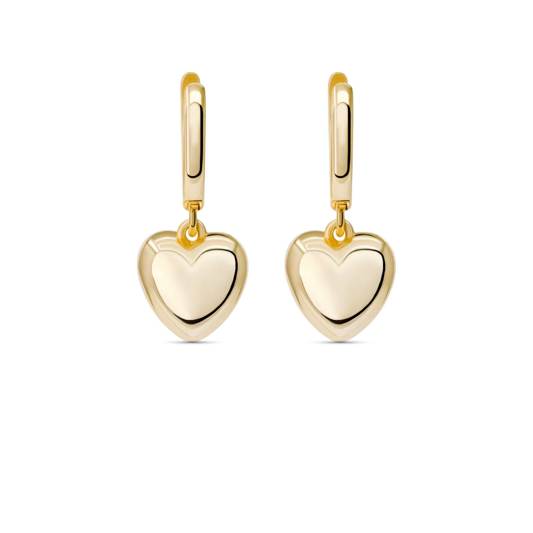 Gold-plated mini heart drop earrings with puffed heart charms on hinge hoop.