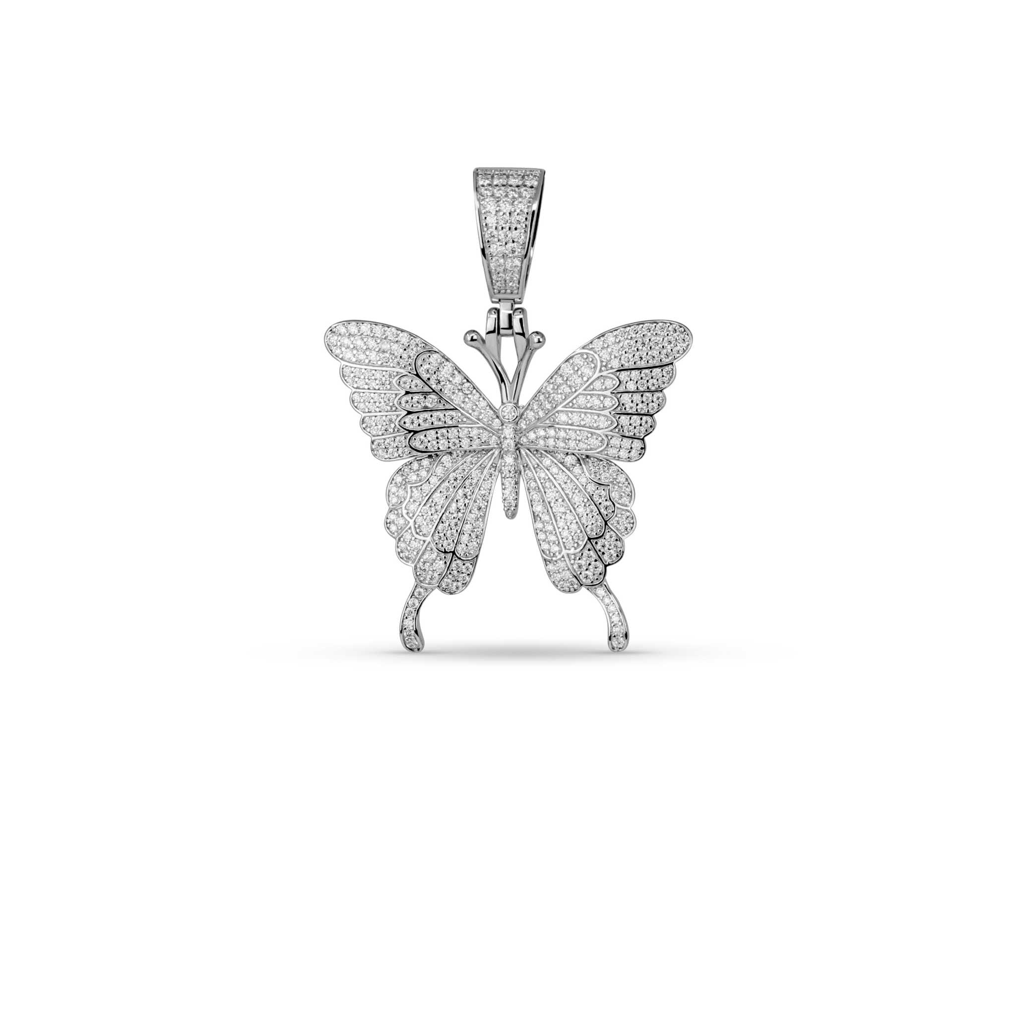 Women's moissanite butterfly pendant in 925 sterling silver with pave-set 2.58tcw stones, rhodium plated, hip-hop style jewelry.