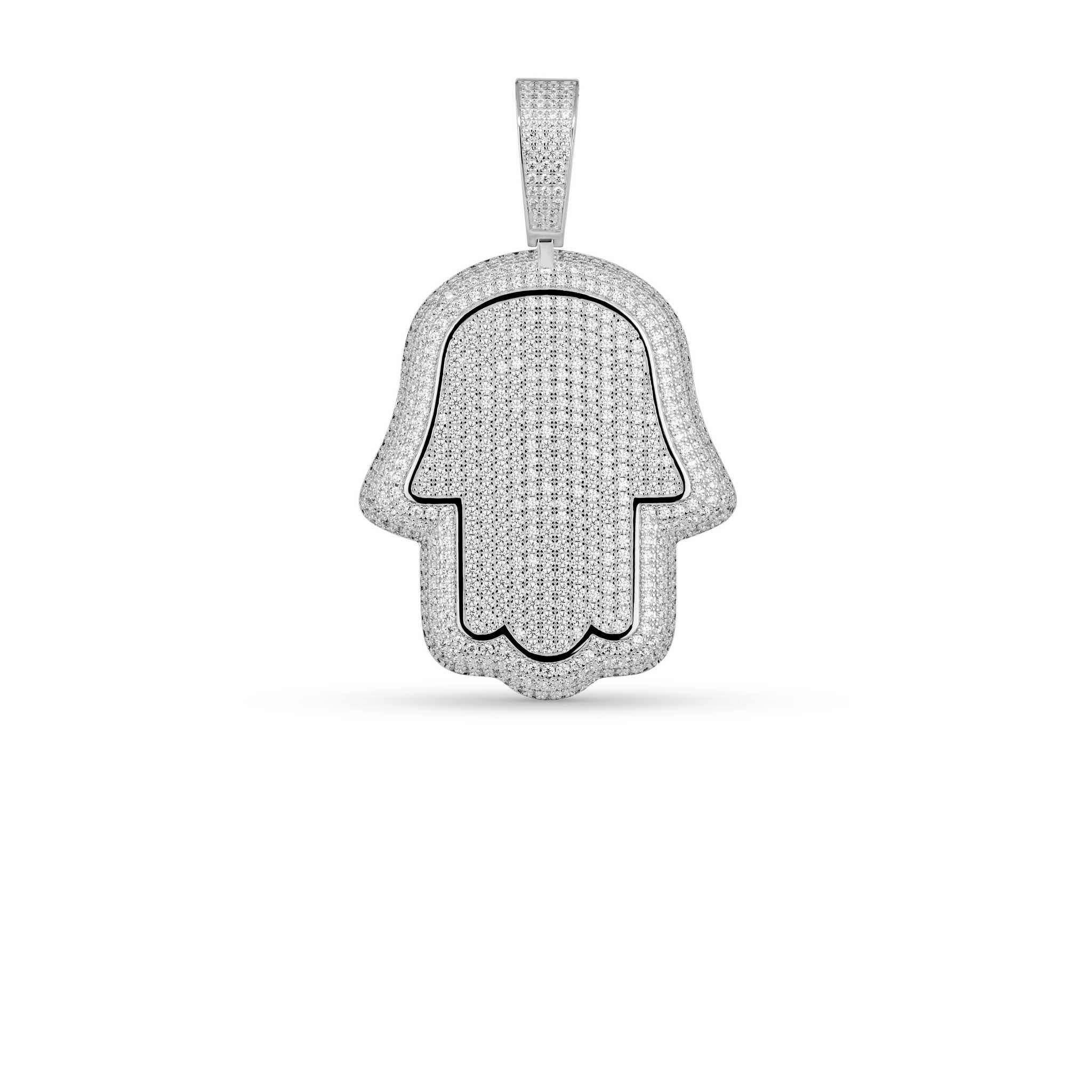 Hand Of God Hamsa Pendant in 925 sterling silver with pavé set clear CZ stones, protective symbol design, no chain included