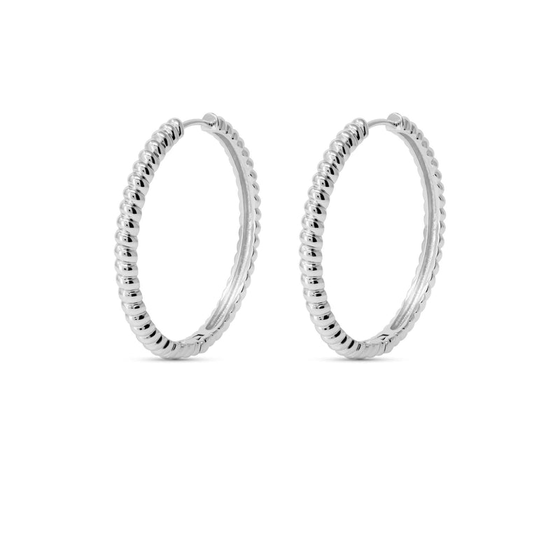 14k gold plated croissant hoops with luxurious rhodium finish.