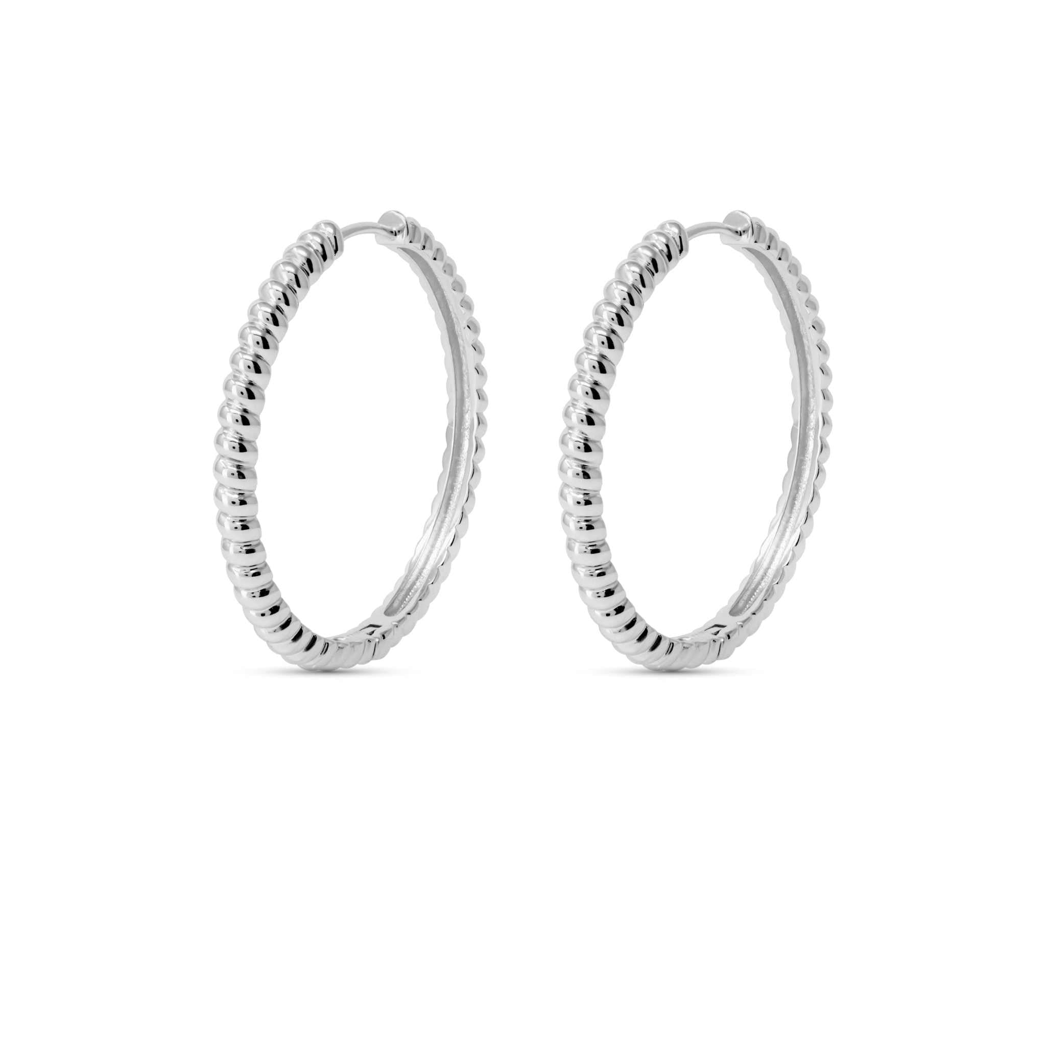 Rhodium plated sterling silver Croissant Hoops earrings with a textured design, 29.3mm diameter, 2.6mm thickness.