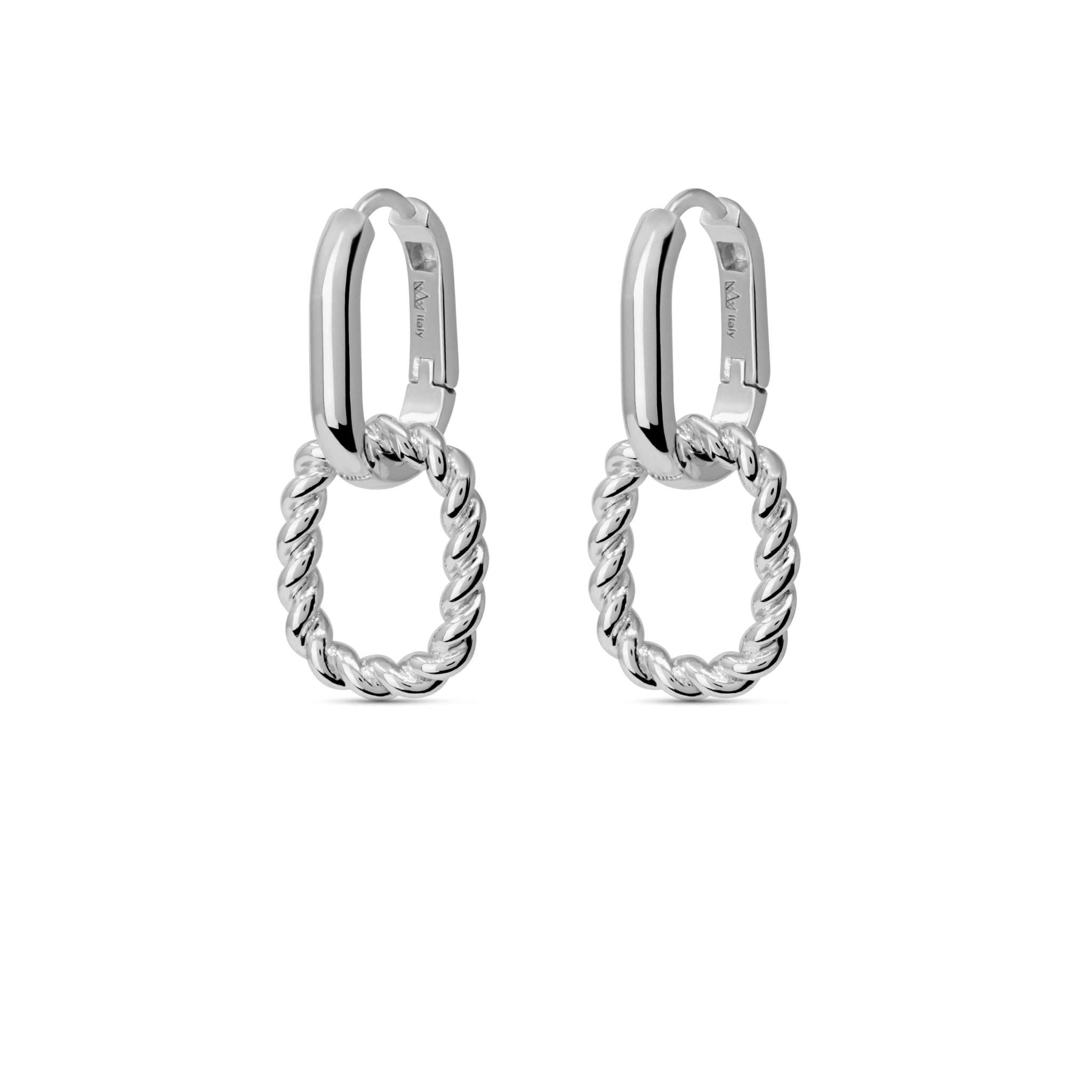 Silver Croissant Link Earrings with twisted design, 925 Sterling Silver and Rhodium finish, 28.5mm x 13.3mm size, lightweight jewelry.