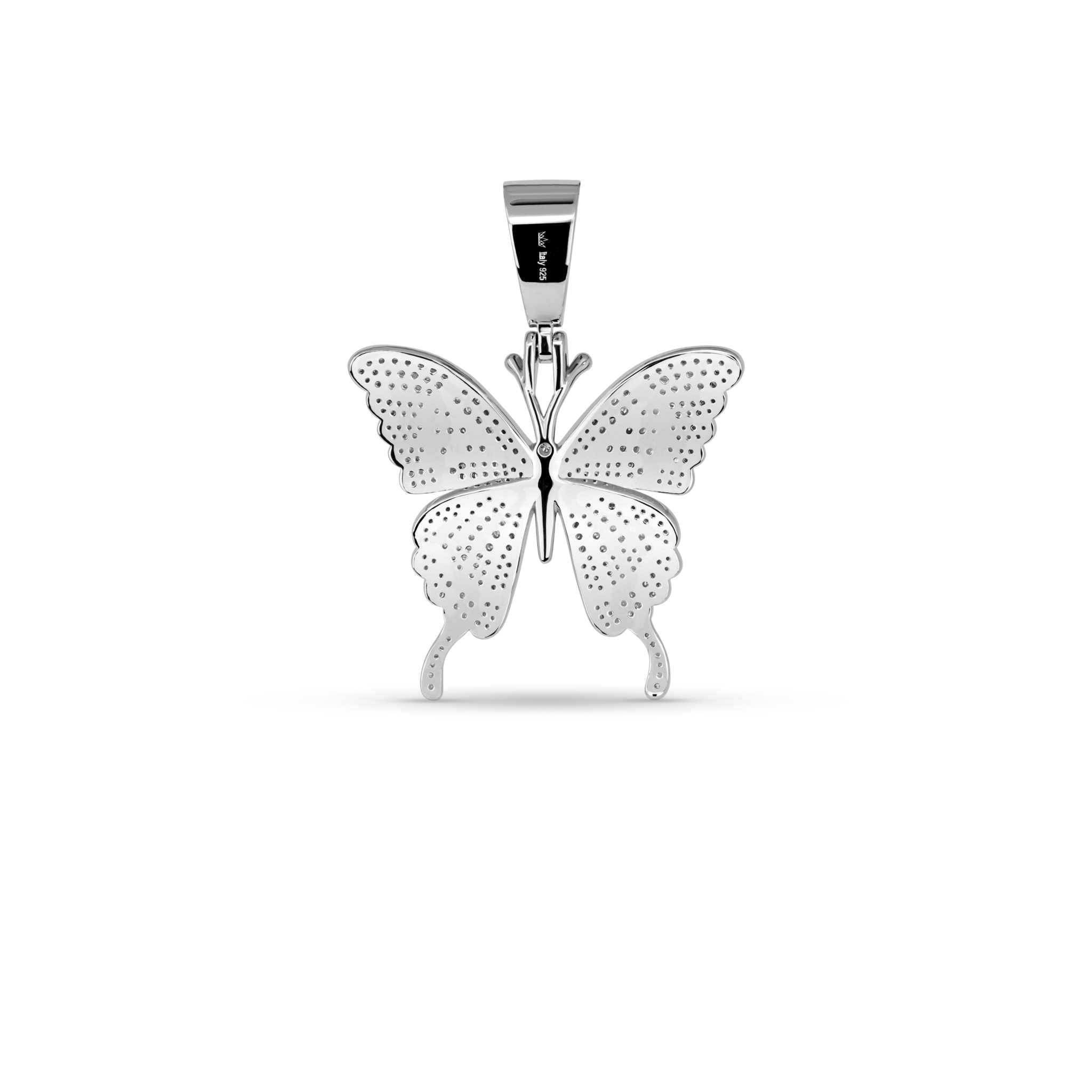Womens Moissanite Butterfly Pendant in 925 sterling silver with pave-set stones.