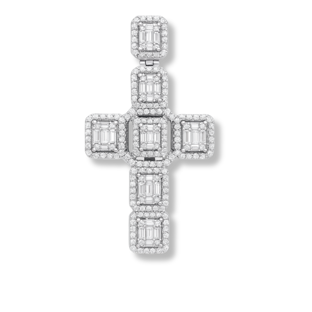 2" large baguette cross pendant in solid 925 sterling silver with baguette and round cut cubic zirconia stones