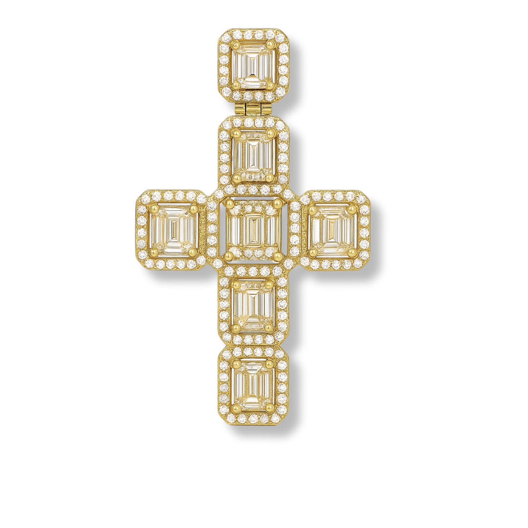 2 inch large baguette cross pendant with cubic zirconia stones in solid 925 sterling silver