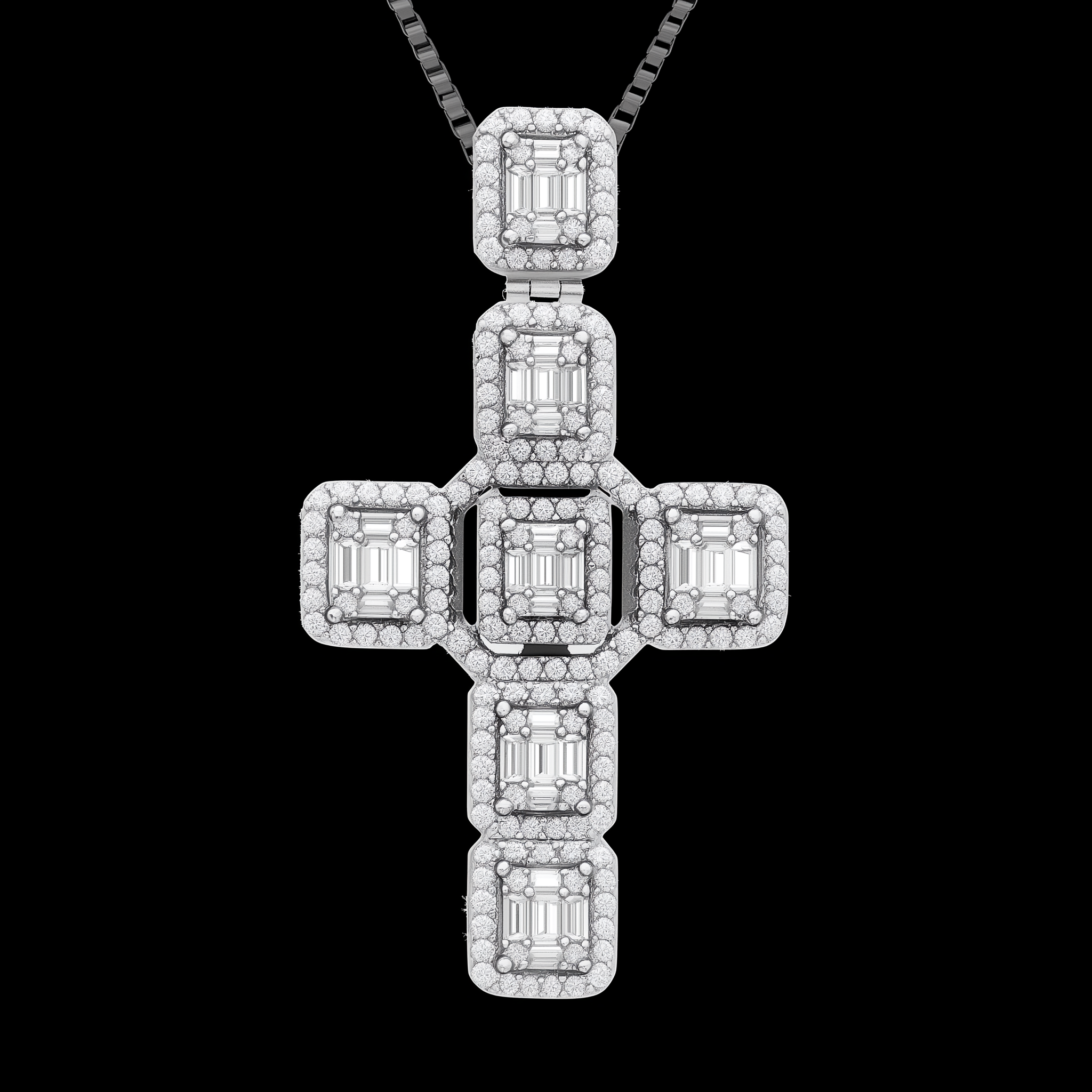 Men's 2" Large Baguette Cross Pendant CZ Solid Real 925 Sterling Silver