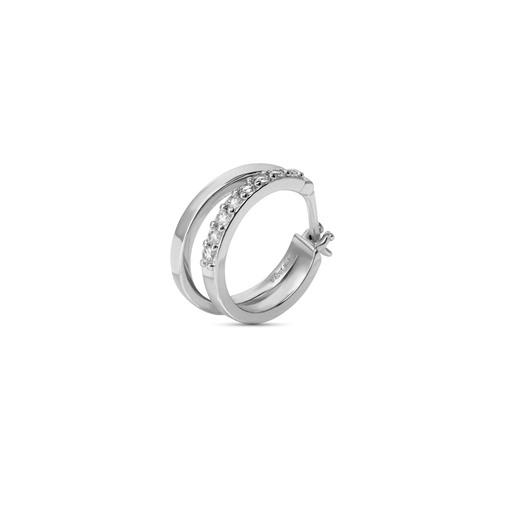 Double hoop earrings with cubic zirconia gems, crafted in recycled sterling silver and 14k gold.