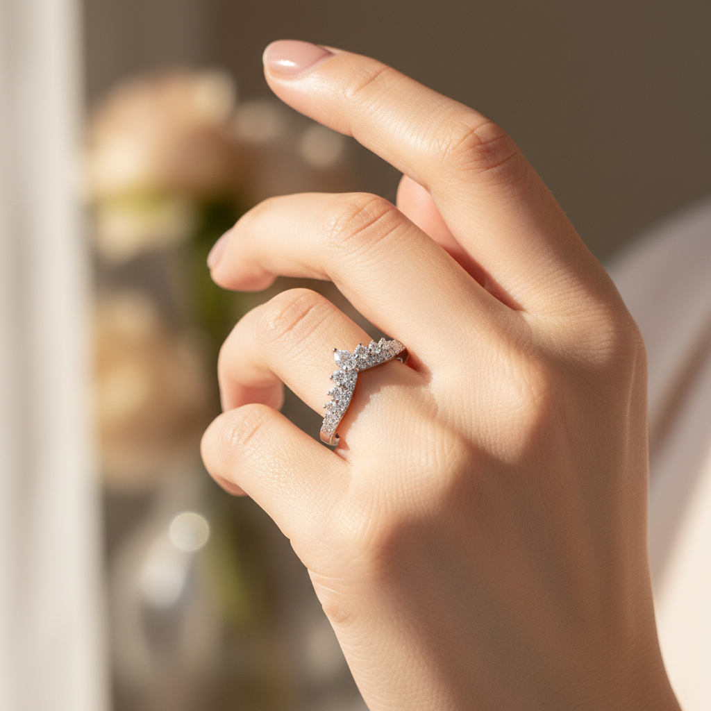 Moissanite Curved Crown Wedding Band in 925 Sterling Silver