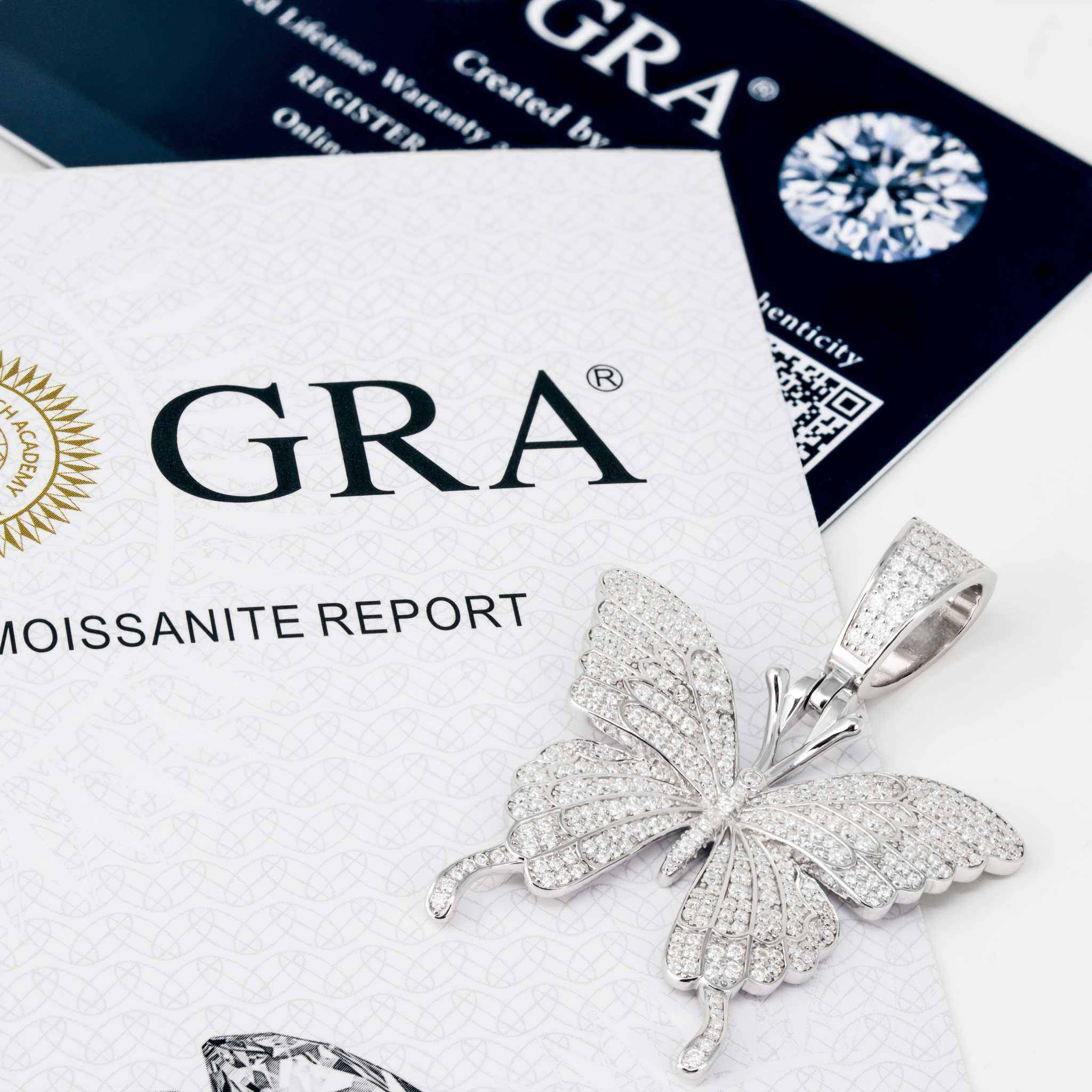 Womens Moissanite Butterfly Pendant in 925 sterling silver with moissanite stones, featuring hip-hop style and certificate.