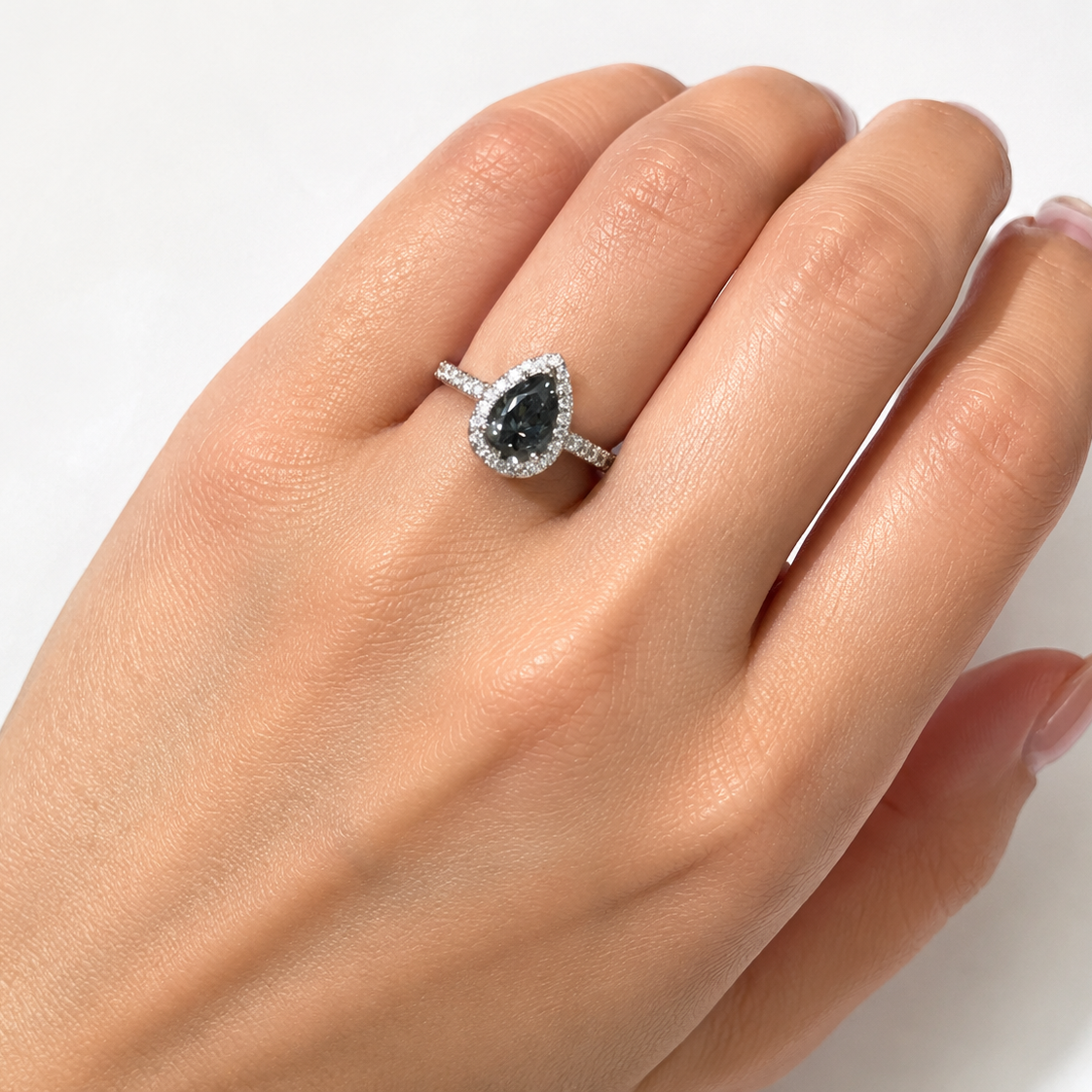 925 Sterling Silver Gray Moissanite 2.42 TCW Pear Cut Halo Engagement Ring