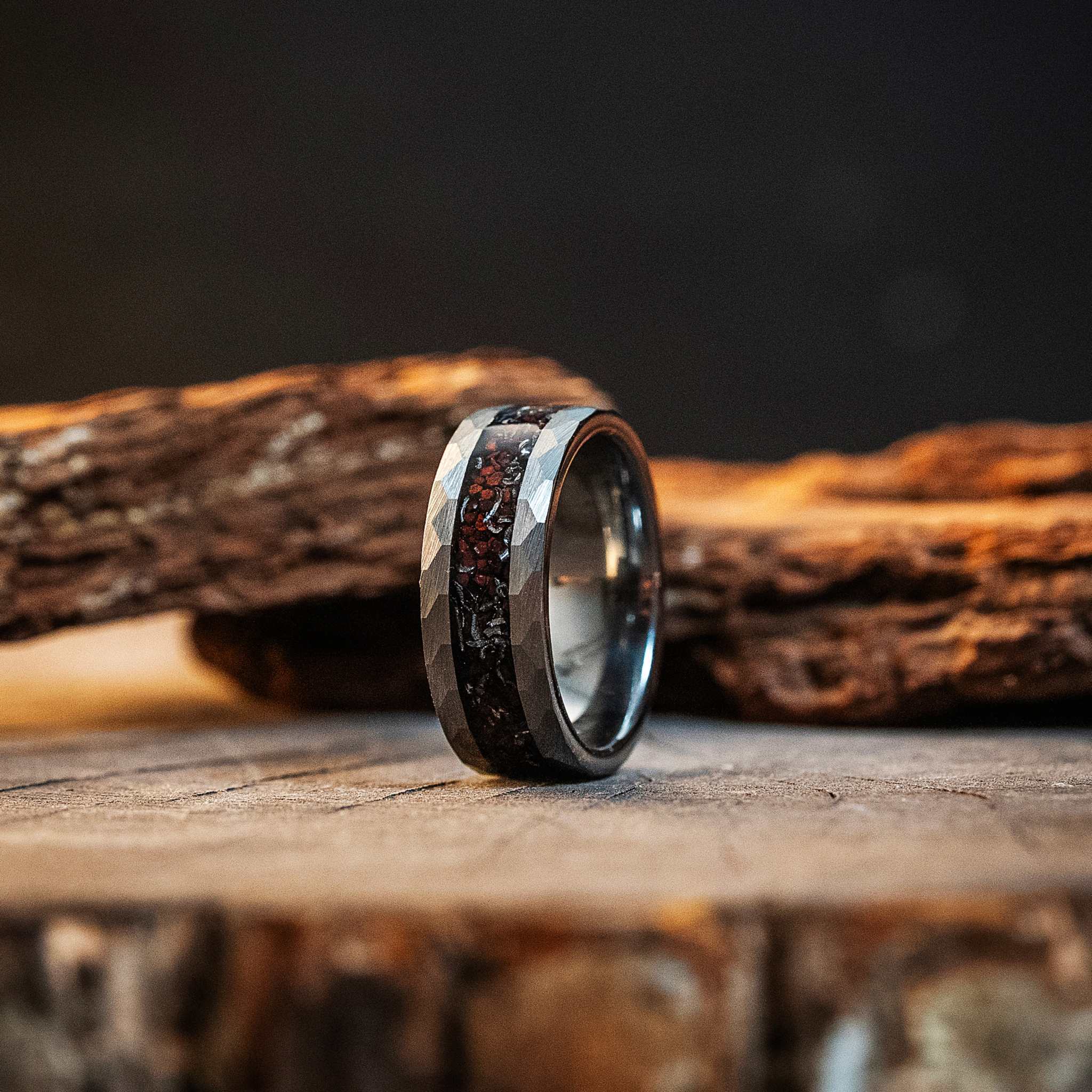 Dinosaur Bones & Meteorite Silver Hammered Tungsten Carbide Ring