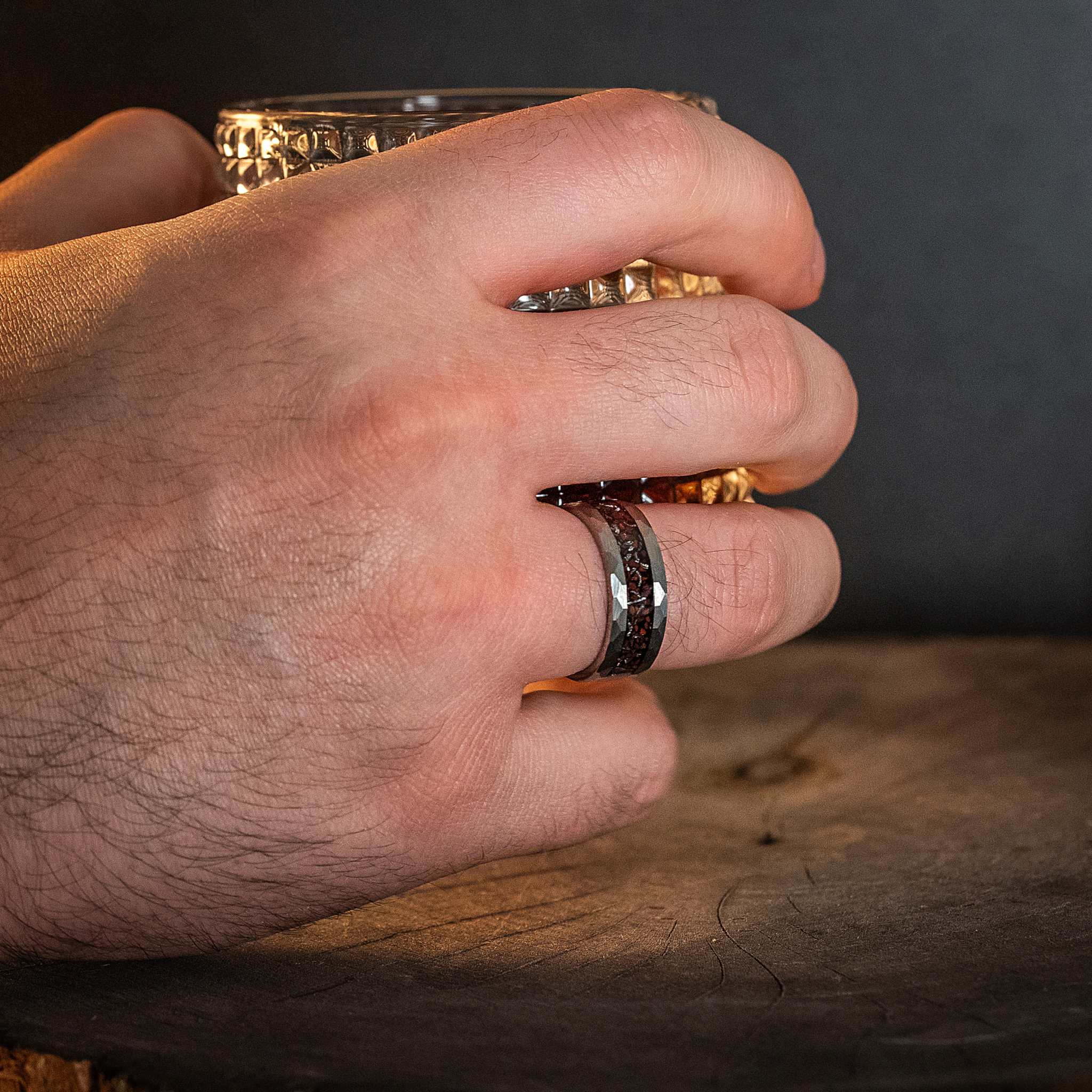 Dinosaur Bones & Meteorite Silver Hammered Tungsten Carbide Ring