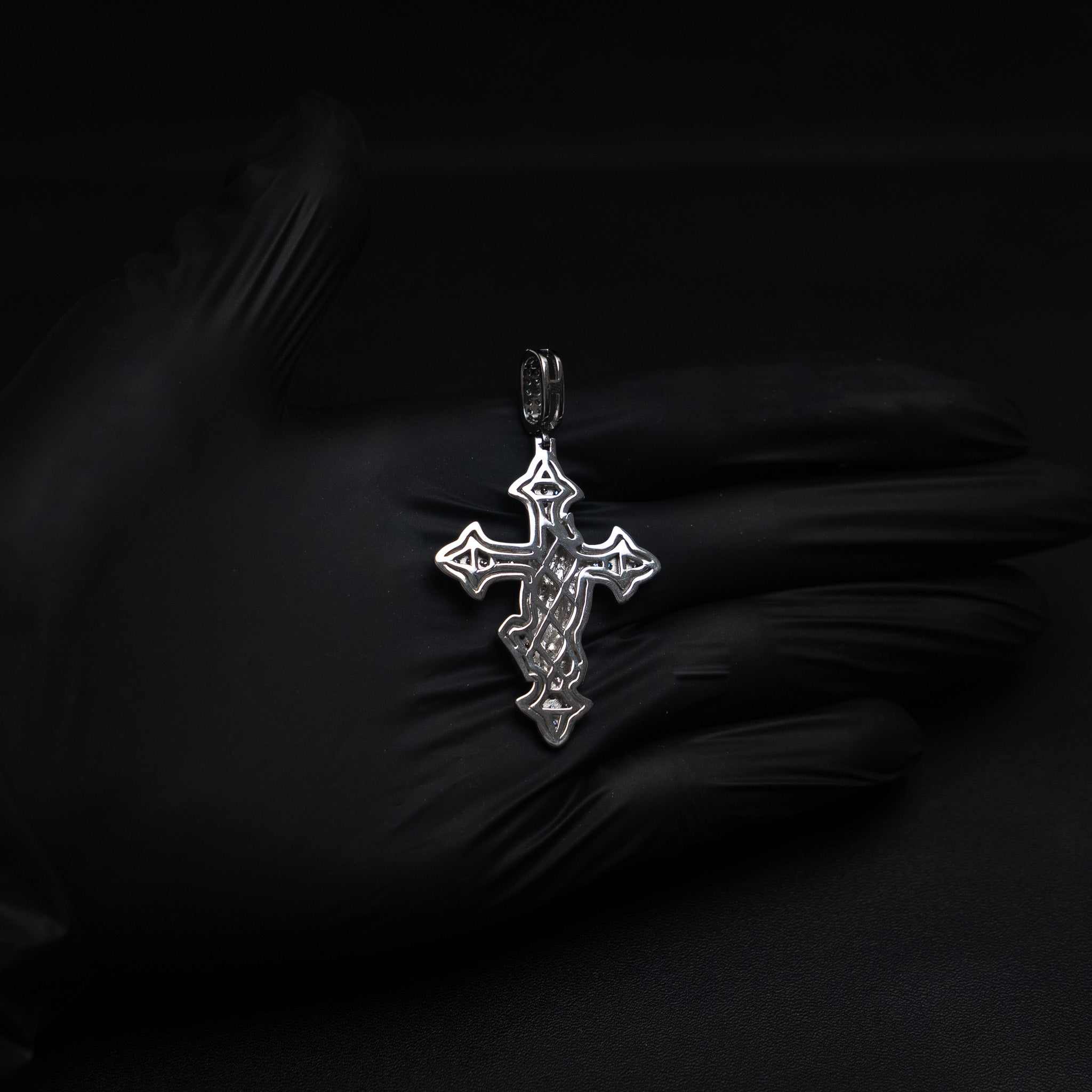 Two tone praying hands cross pendant in 925 sterling silver with rhodium and 14K gold plating and moissanite stone