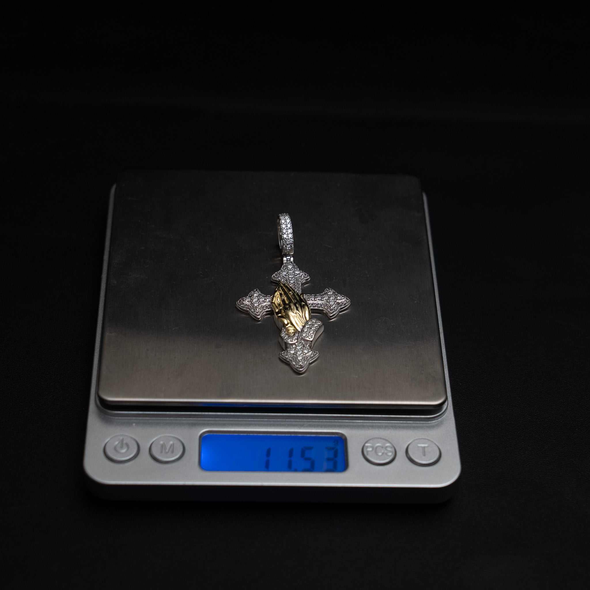 Two Tone Praying Hands Cross Pendant 925 Sterling Silver