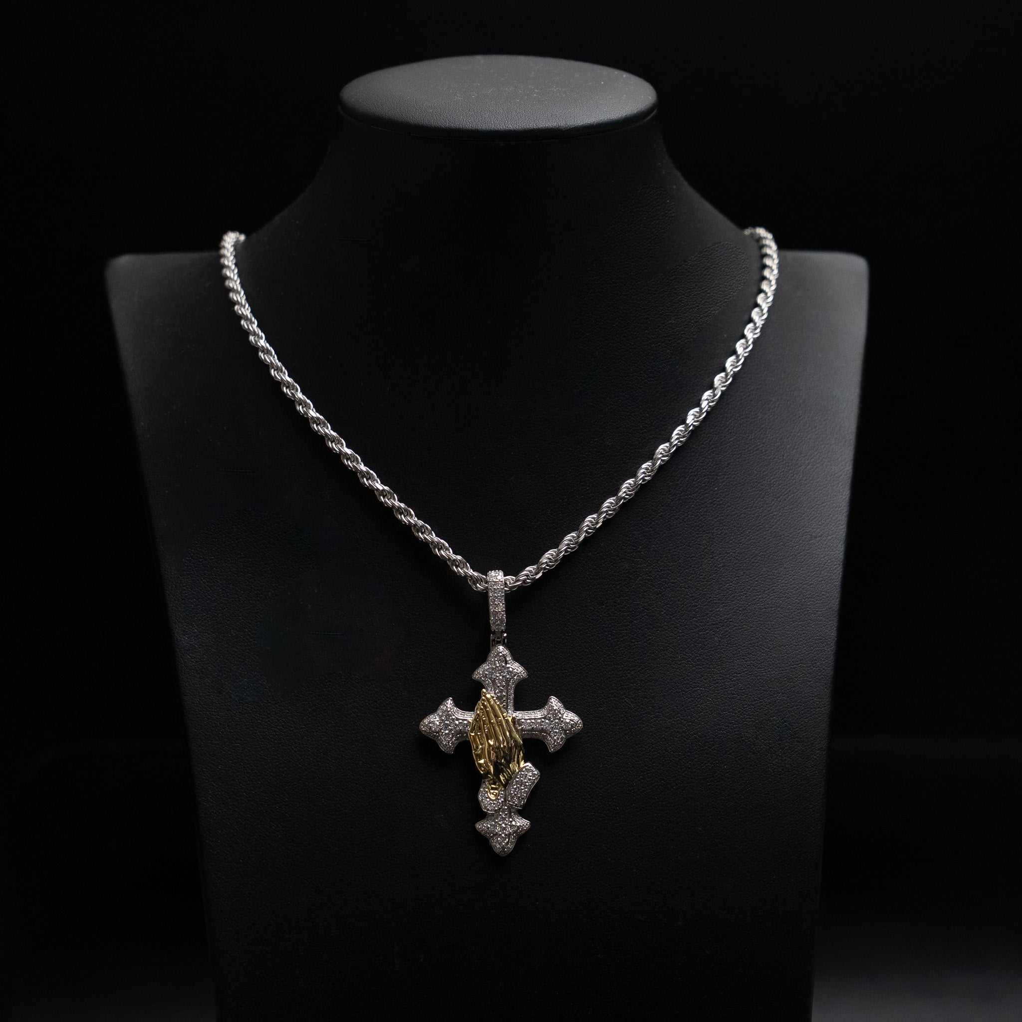 Two Tone Praying Hands Cross Pendant 925 Sterling Silver