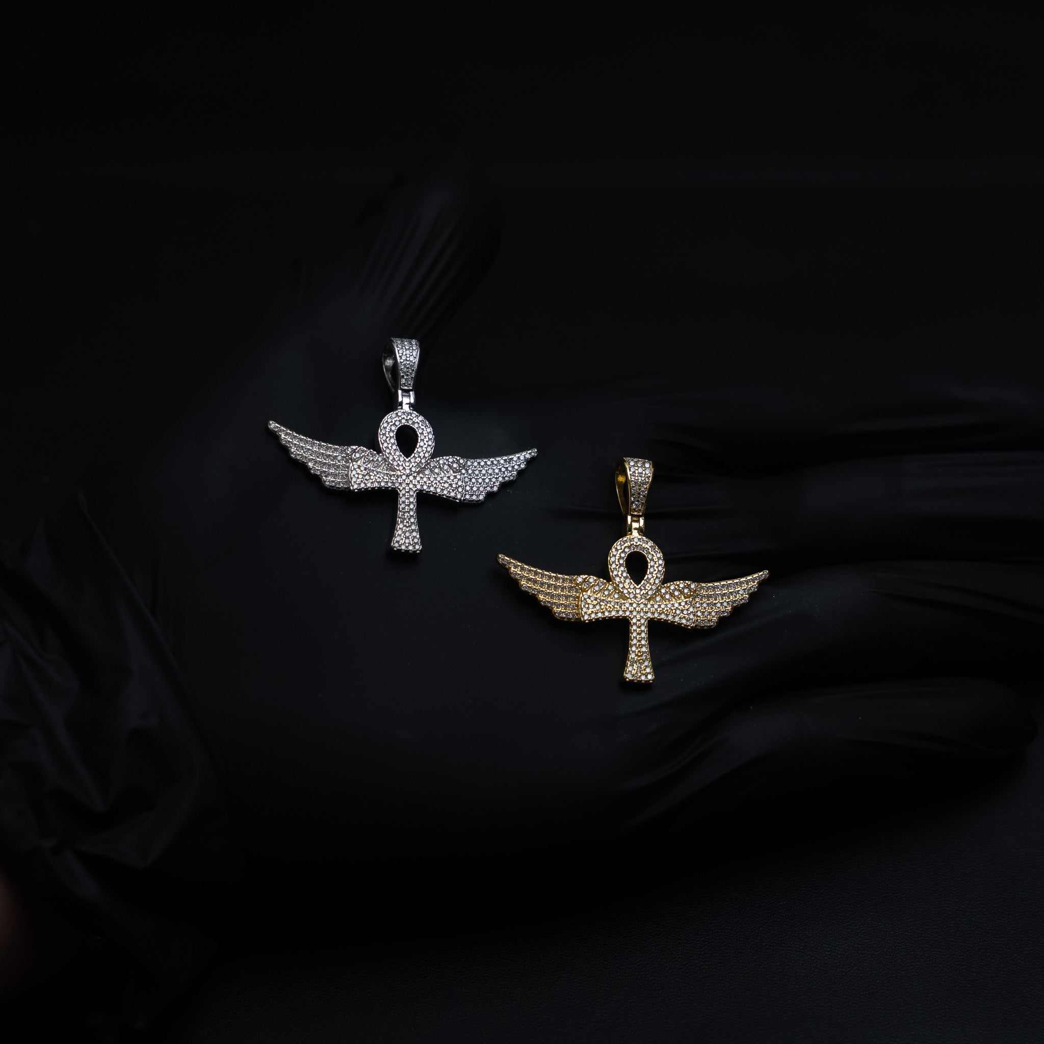Angel Wings Ankh Cross pendant in 925 sterling silver with moissanite stones, available in rhodium and 14K gold plating