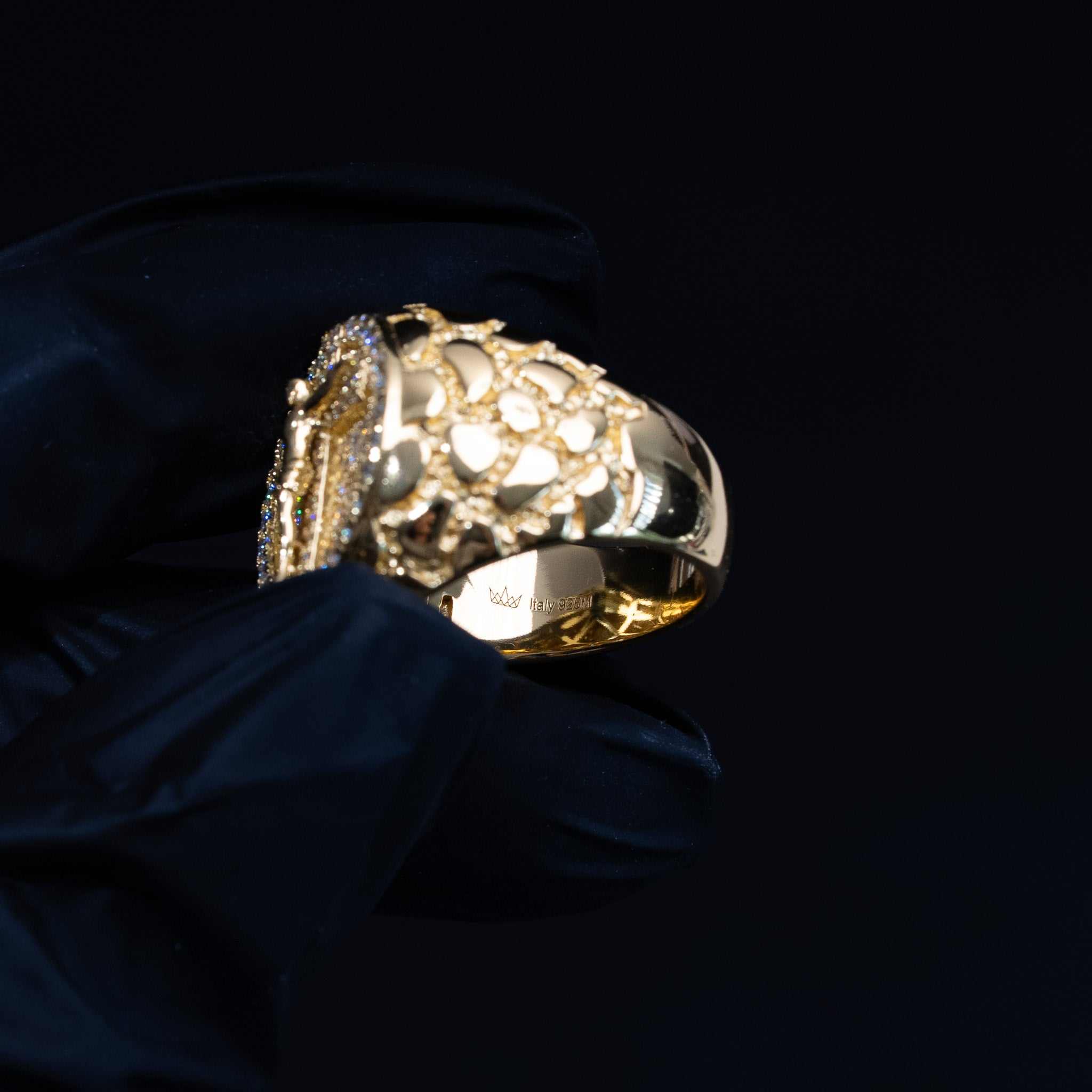 Moissanite Jesus Crucifix Nugget Ring 925 Sterling Silver in 14K Gold