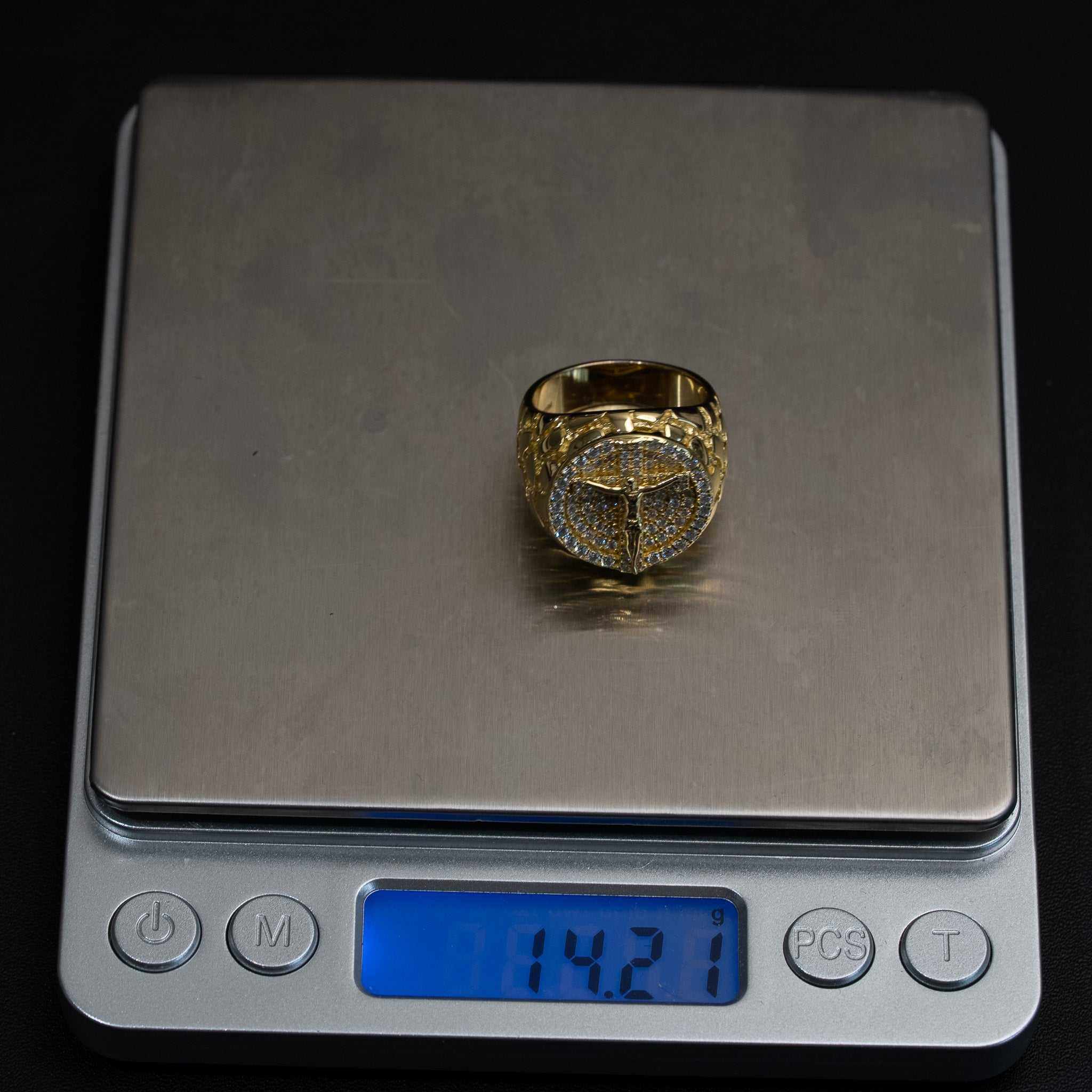 Moissanite Jesus Crucifix Nugget Ring 925 Sterling Silver in 14K Gold