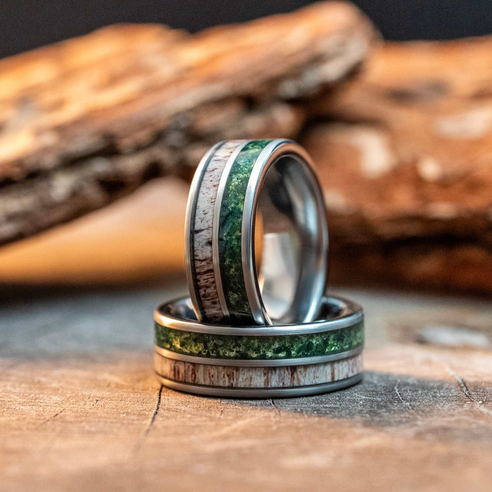 Moss Agate x Antler Tungsten Carbide Ring