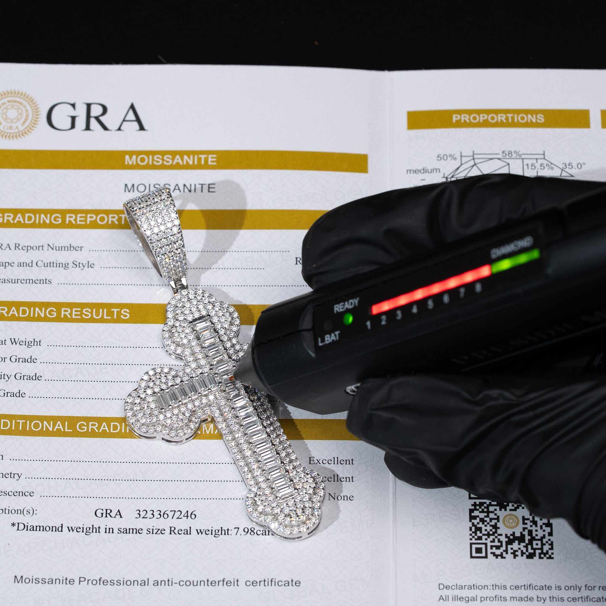 Moissanite Cross Pendant in Orthodox Design with Baguette and Round VVS1 Stones, 925 Sterling Silver