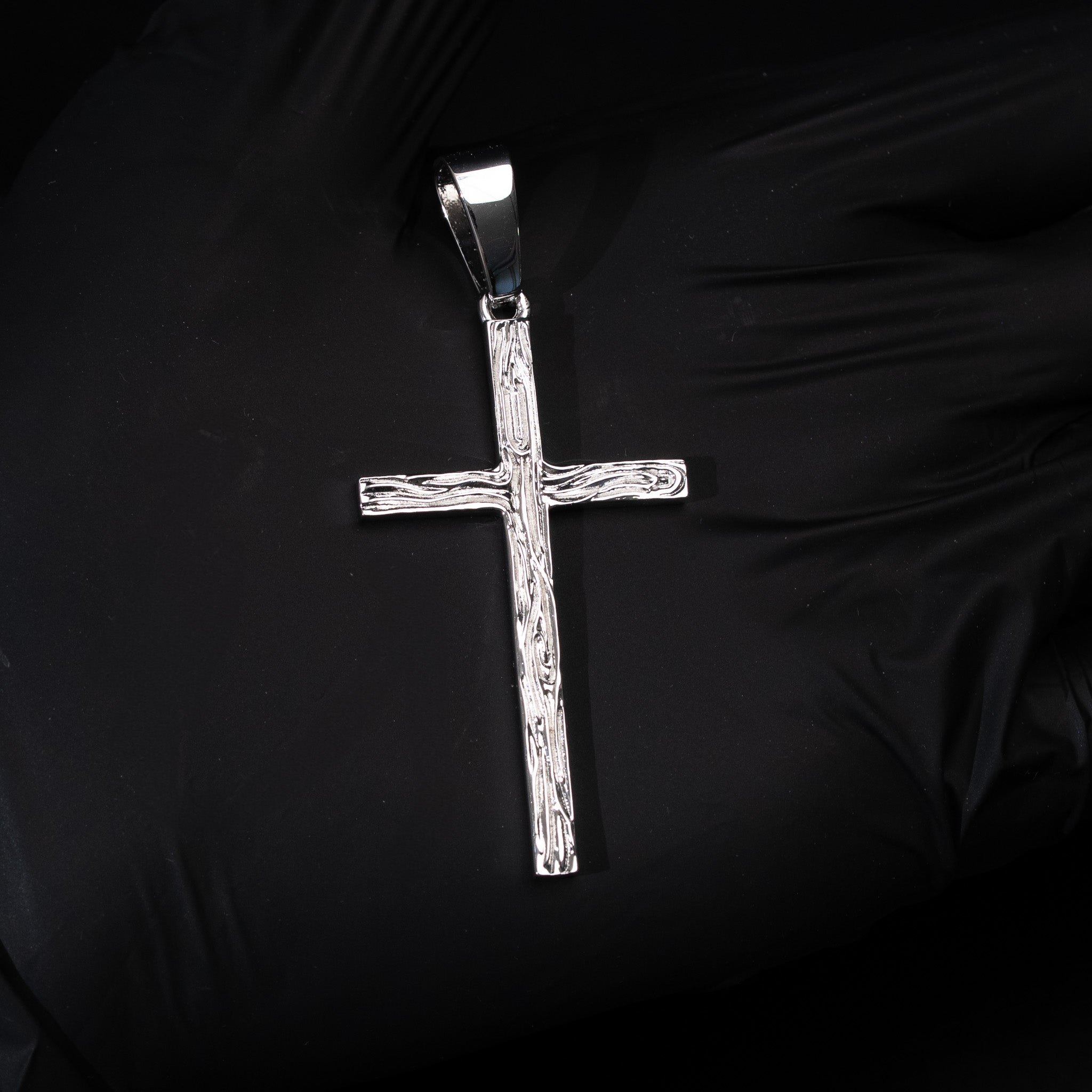 Wood Grain Textured Cross Pendant Solid 925 Sterling Silver Rhodium/14 Gold Plated