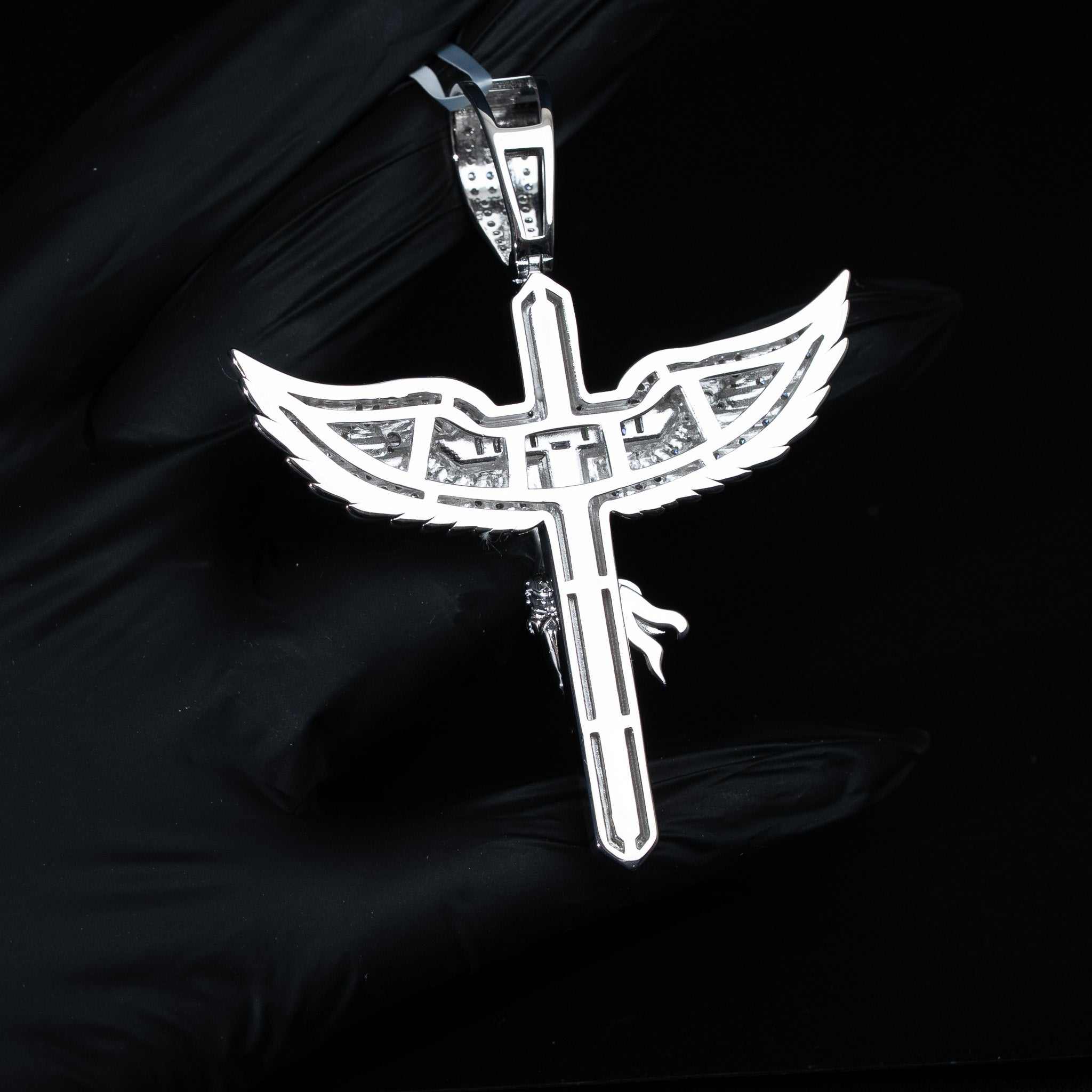 Moissanite Jesus Crucifix Cross Angel Wings Pendant 925 Sterling Silver