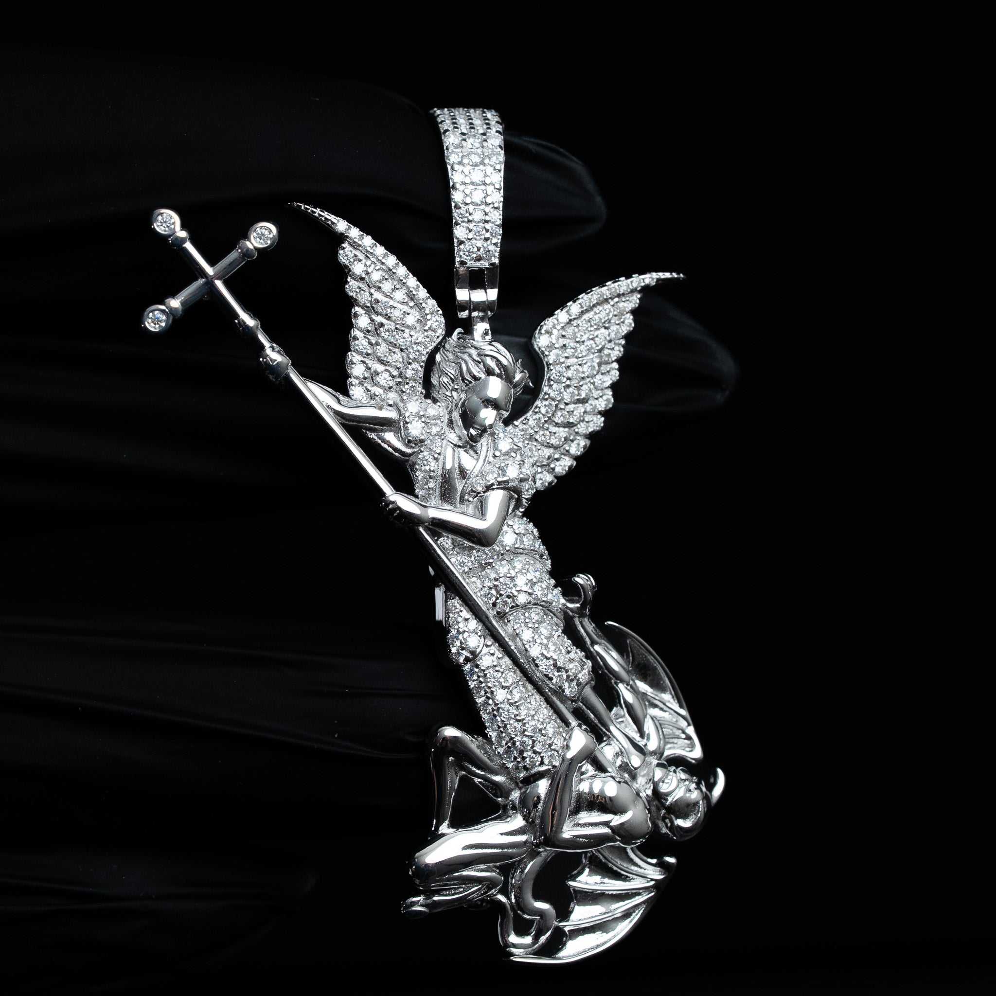 St. Michael Archangel Pendant Moissanite 925 Sterling Silver (black background)