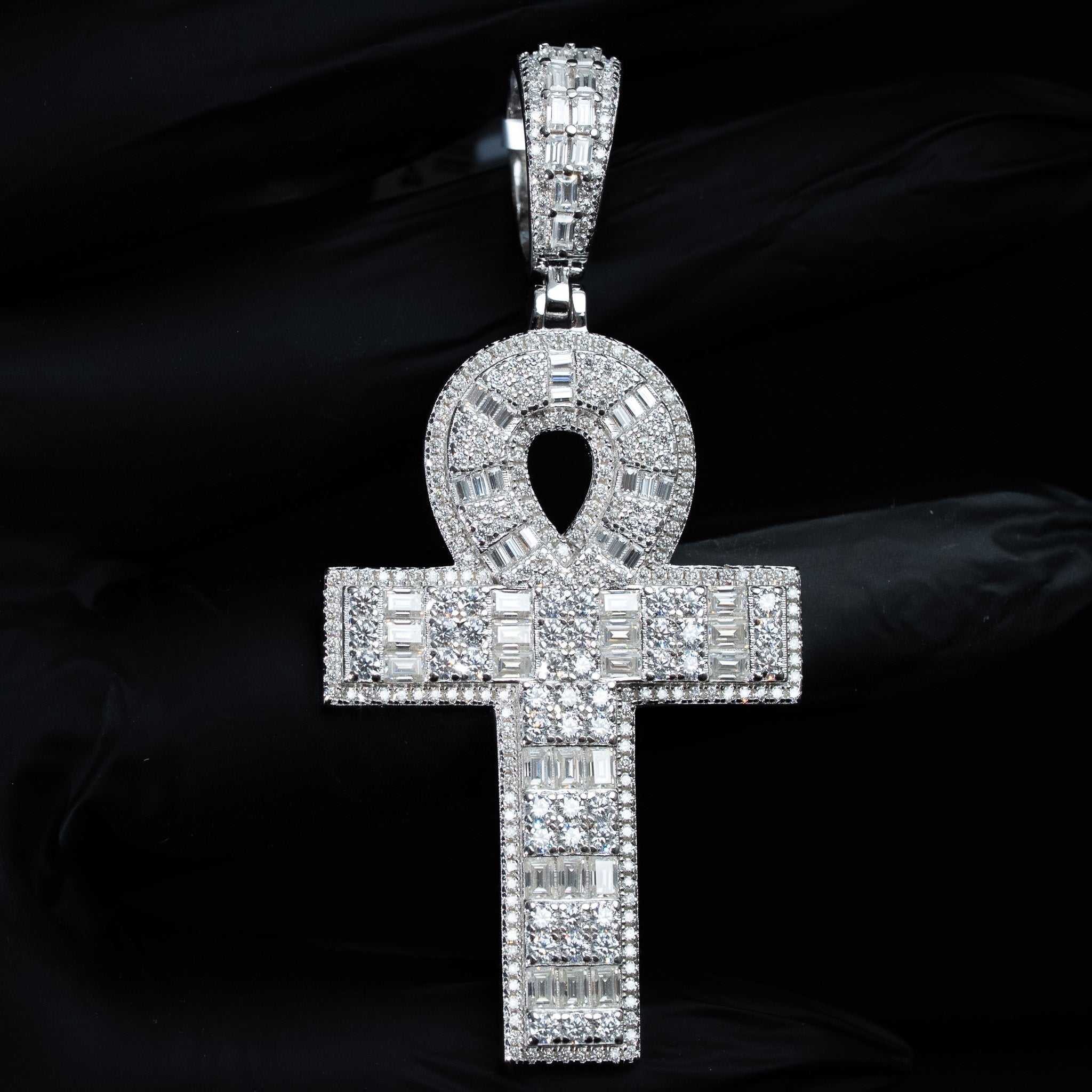 Moissanite Baguette Ankh Cross Pendant 925 Sterling Silver