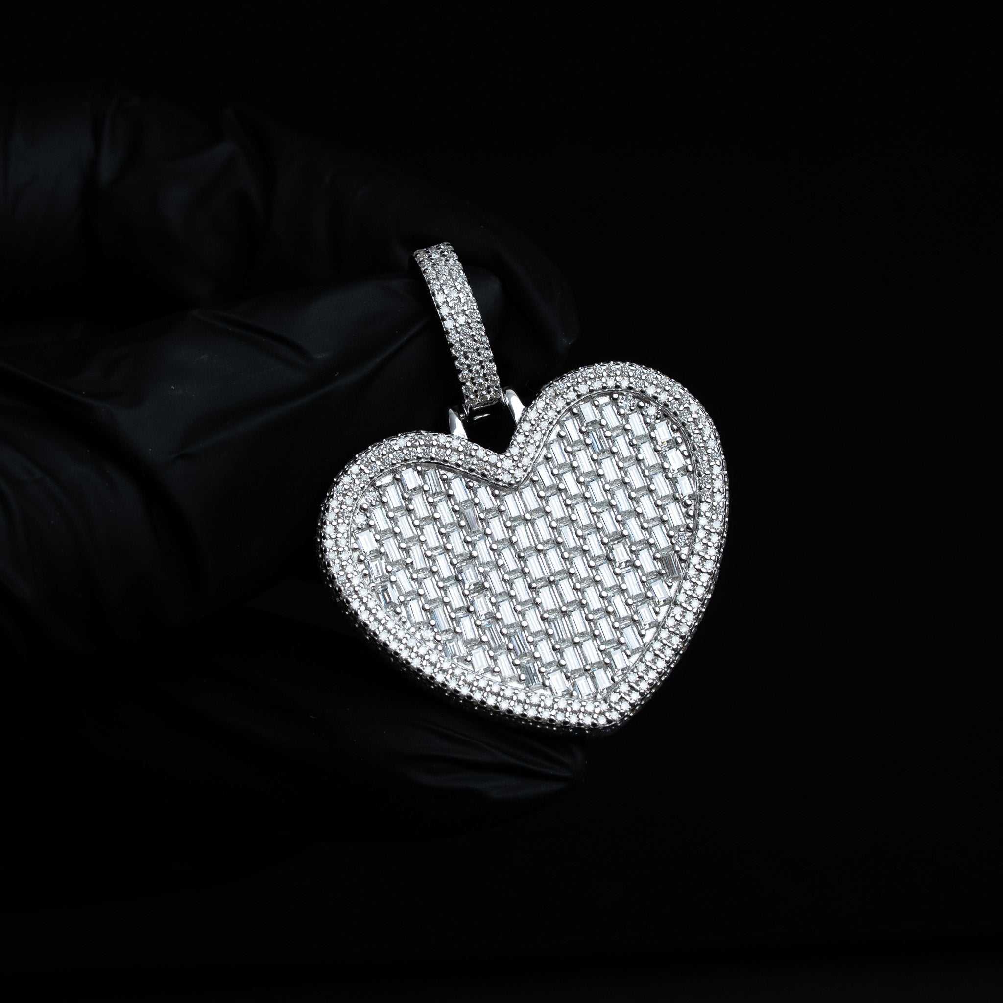 Moissanite Heart Pendant in 925 Sterling Silver with Baguette and Round Stones
