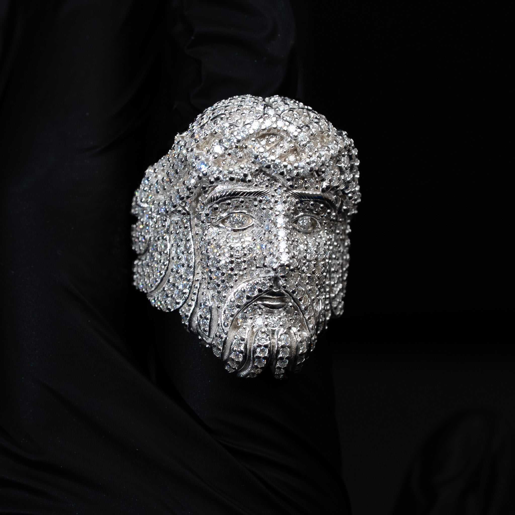 Moissanite Iced Jesus Face Religious Statement Ring 925 Sterling Silver