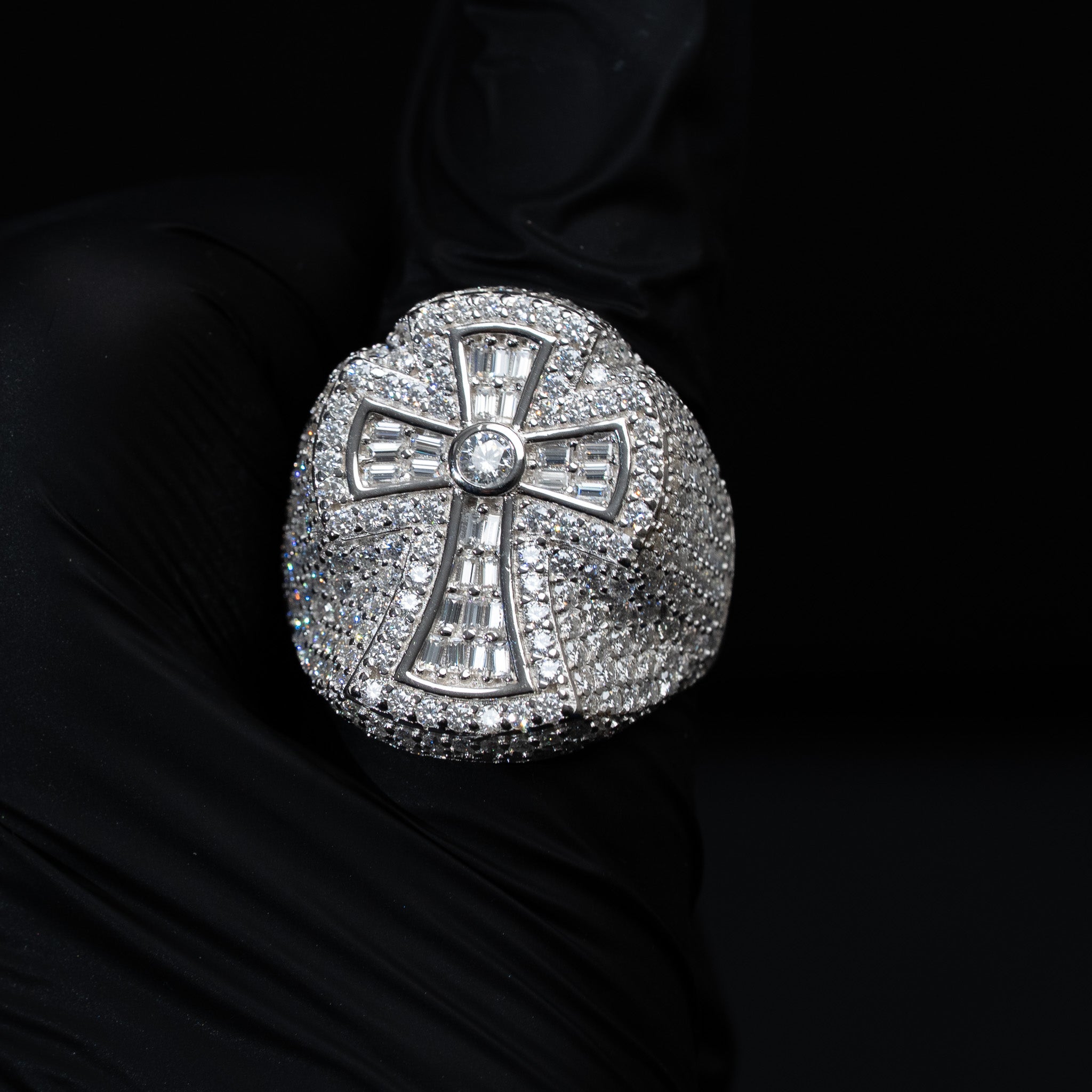 Moissanite Baguette Cross Ring in 925 Sterling Silver