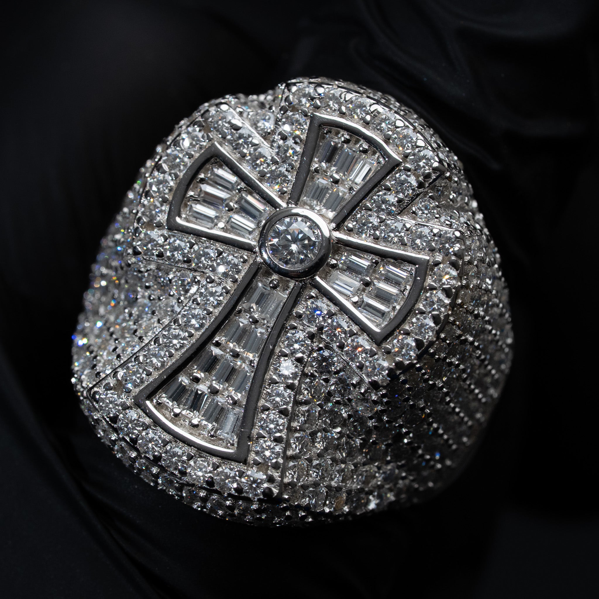 Moissanite Baguette Cross Ring in 925 Sterling Silver