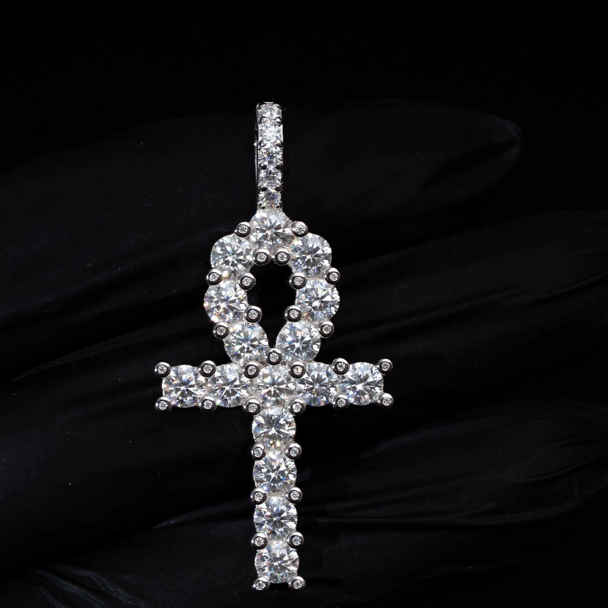 Moissanite Ankh Tennis Cross Pendant Solid 925 Sterling Silver