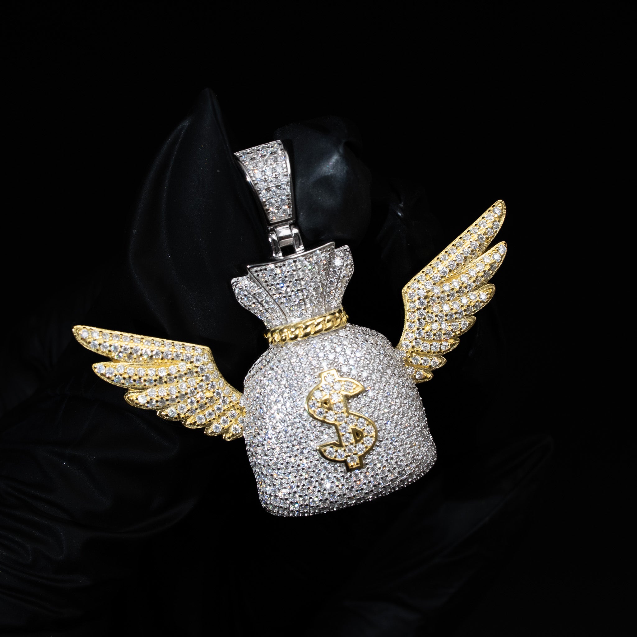 Moissanite Two Tone Money Bag Pendant 925 Sterling Silver – worn styling