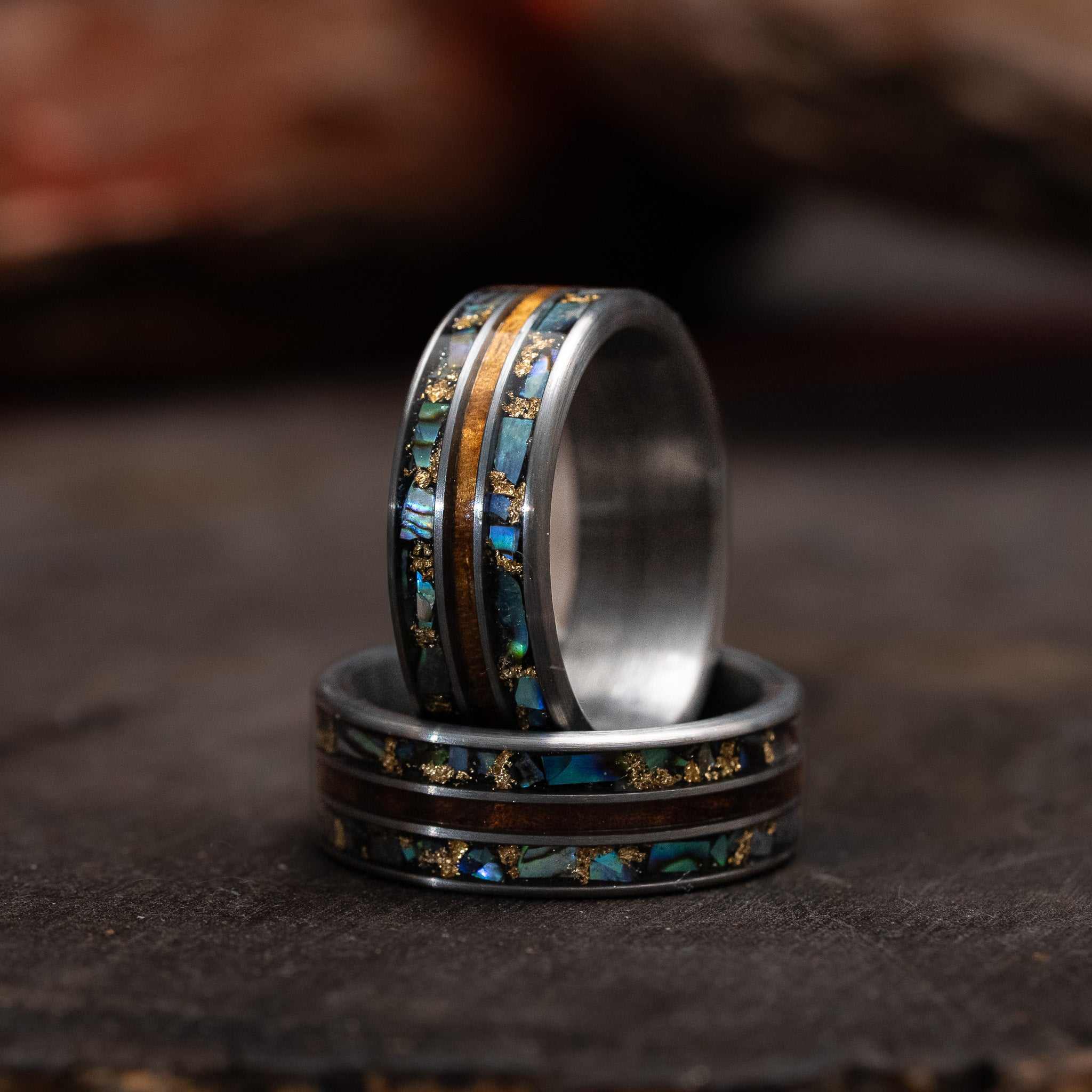 Wood x Abalone Shell x Gold Leaf Solid Tungsten Carbide Ring