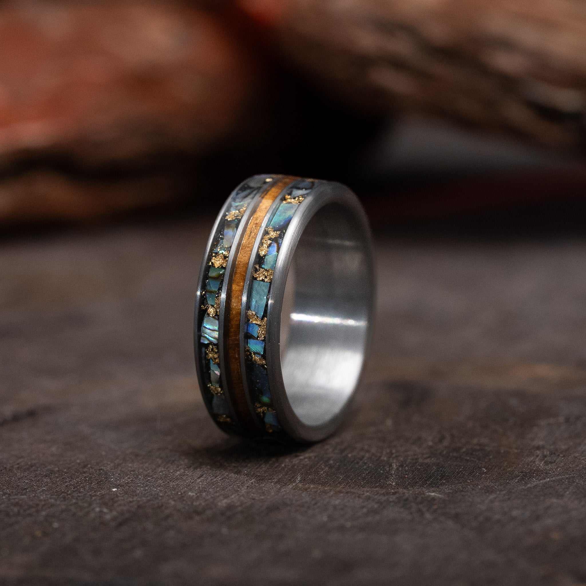 Wood x Abalone Shell x Gold Leaf Solid Tungsten Carbide Ring