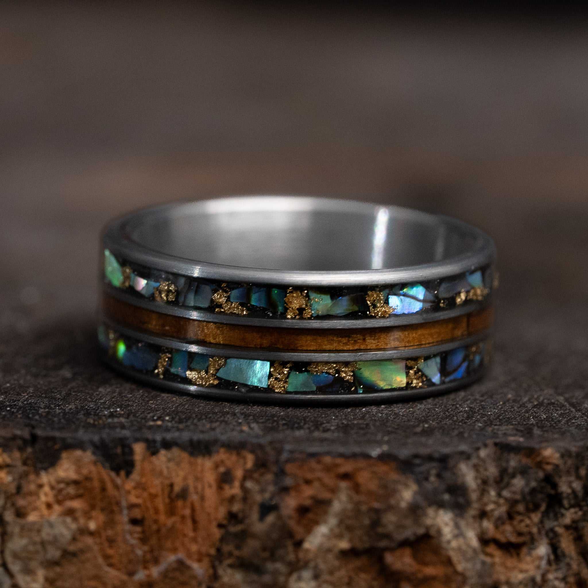 Wood x Abalone Shell x Gold Leaf Solid Tungsten Carbide Ring