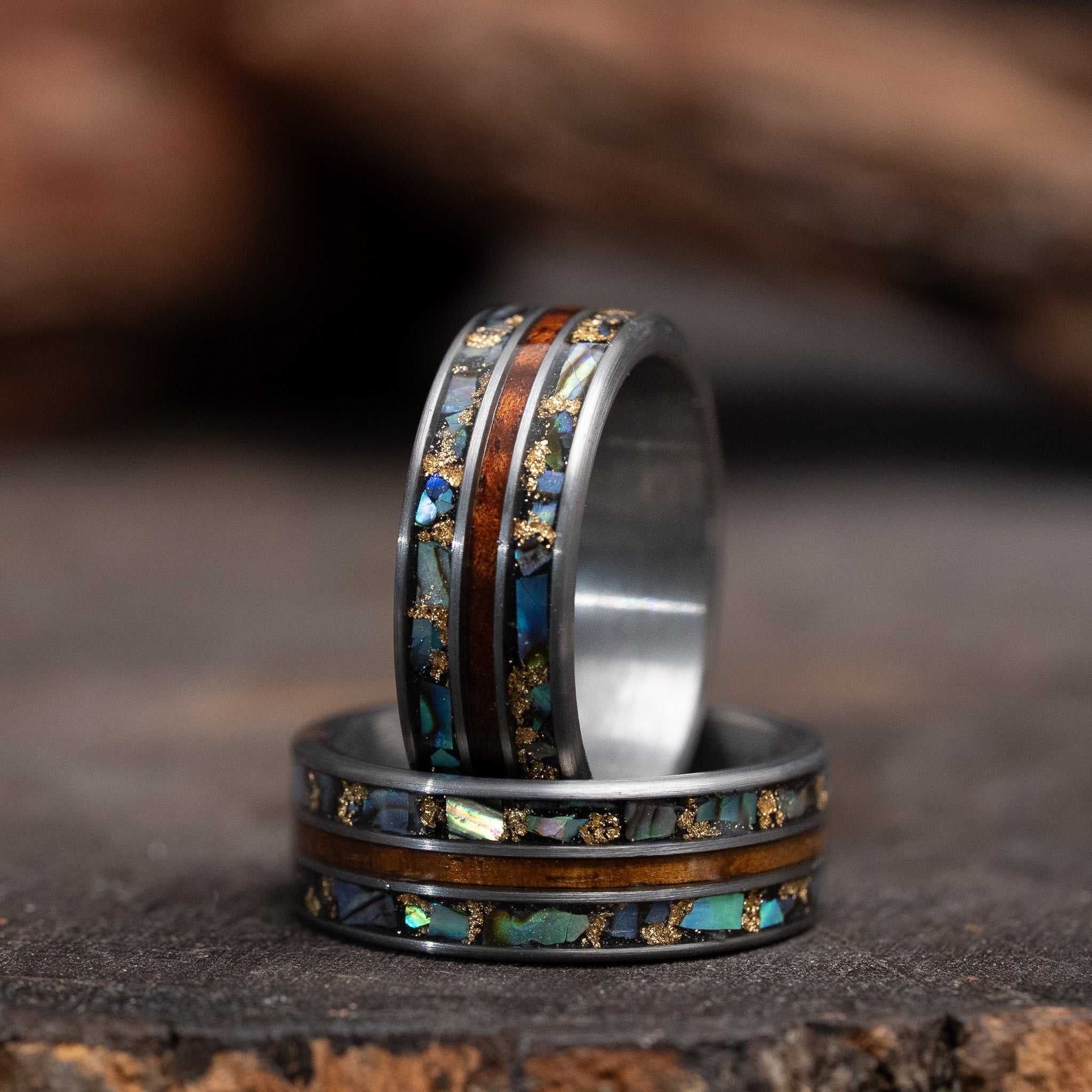 Wood x Abalone Shell x Gold Leaf men's tungsten carbide ring with flat polished finish and comfort-fit interior