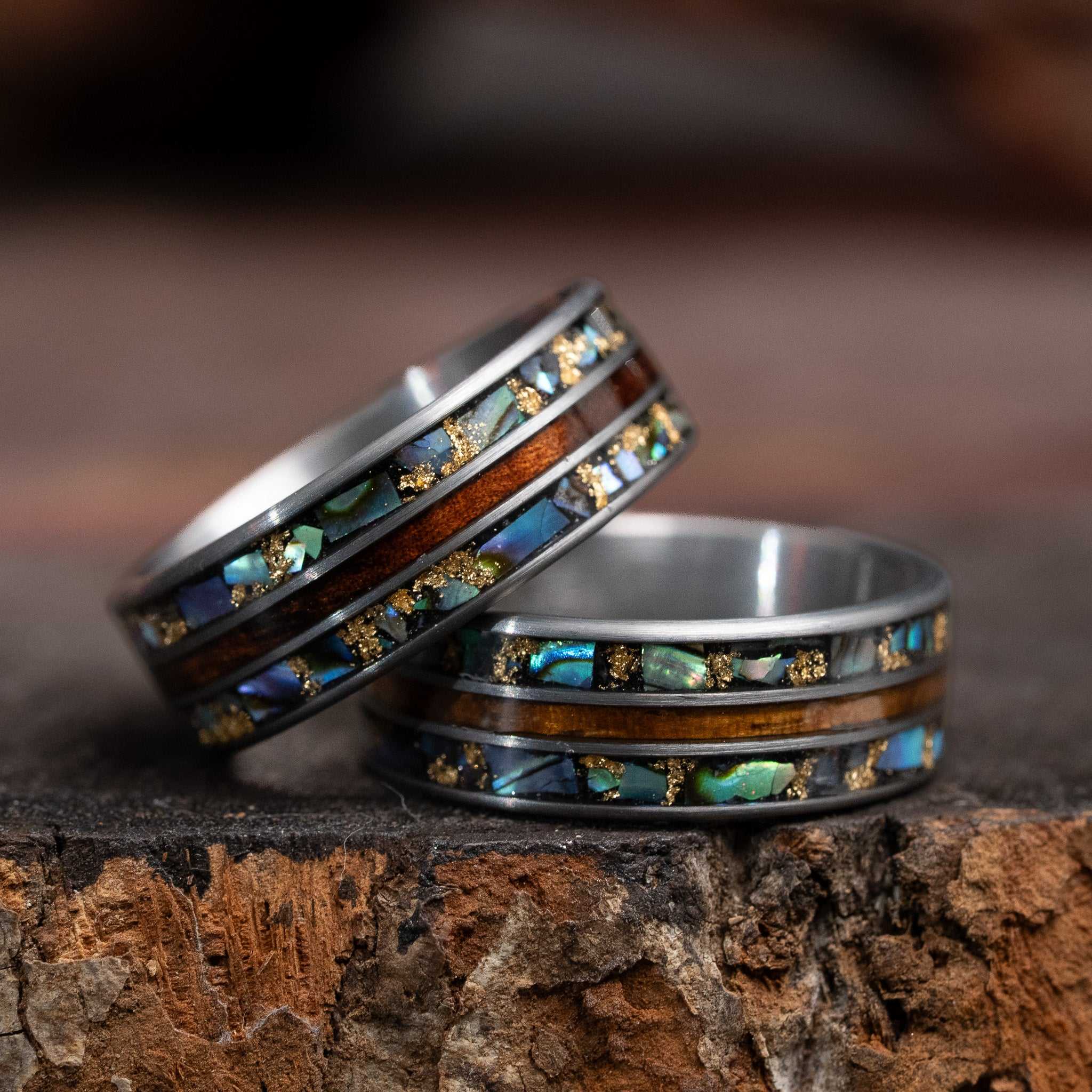 Wood x Abalone Shell x Gold Leaf Solid Tungsten Carbide Ring
