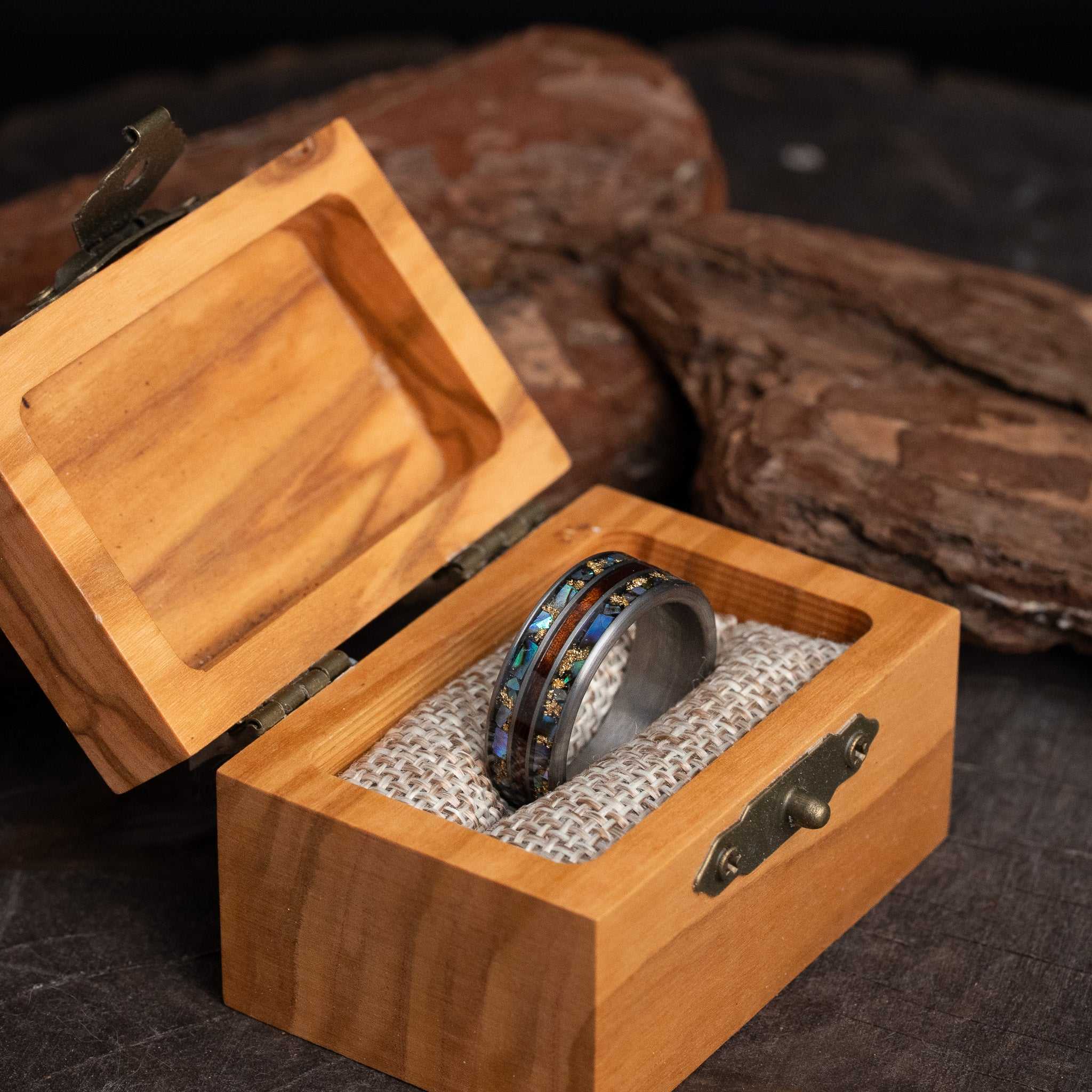 Wood x Abalone Shell x Gold Leaf Solid Tungsten Carbide Ring