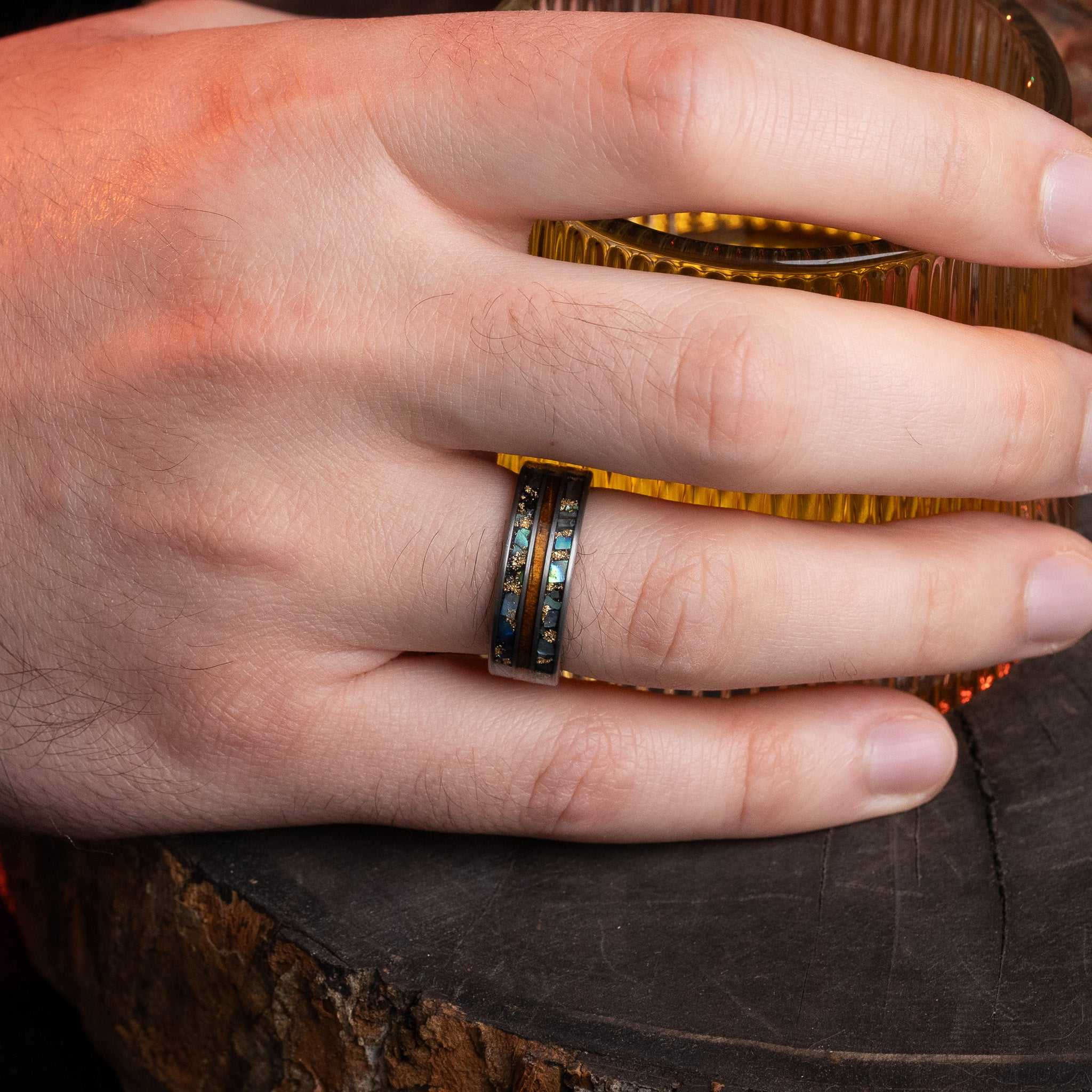 Wood x Abalone Shell x Gold Leaf Solid Tungsten Carbide Ring