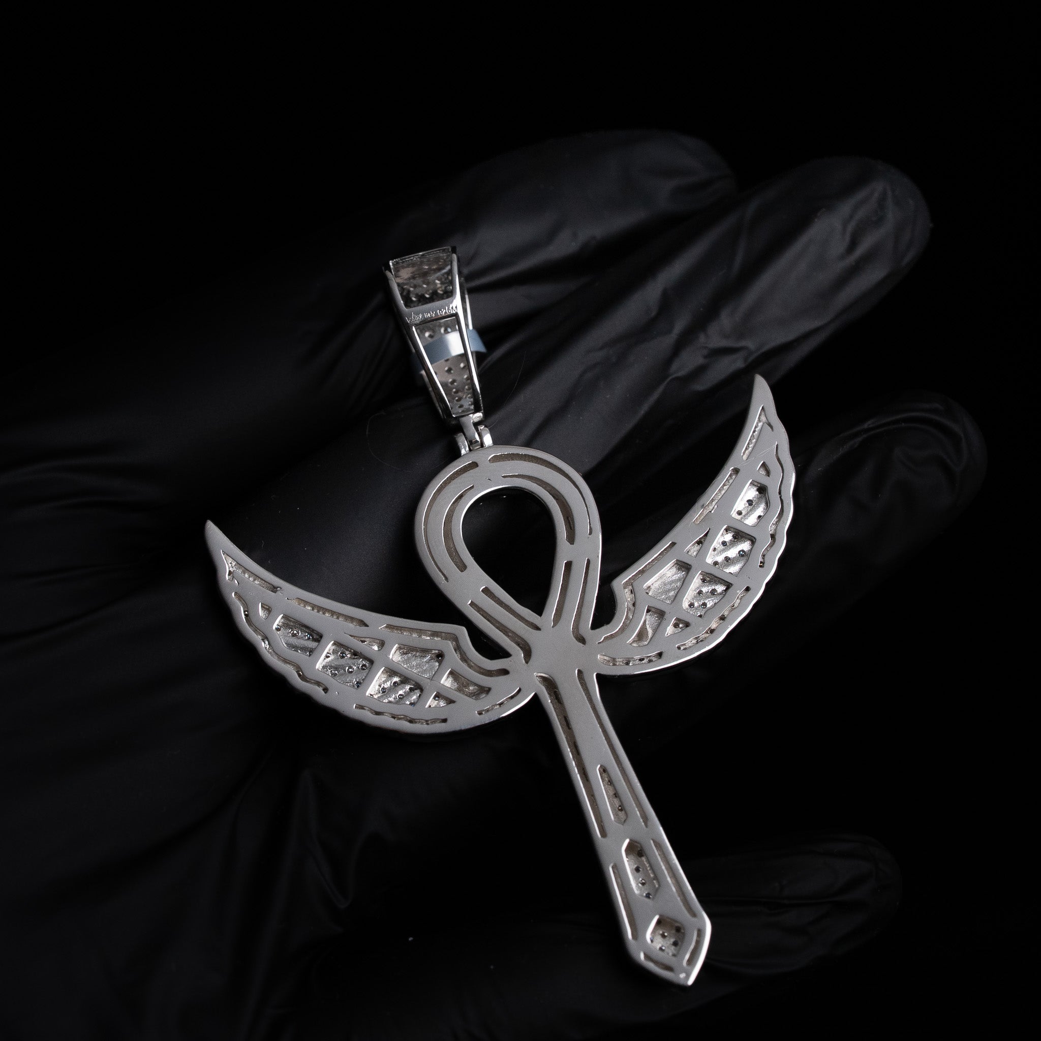 Moissanite Large 3" Ankh Cross w/ Angel Wings 925 Sterling Silver